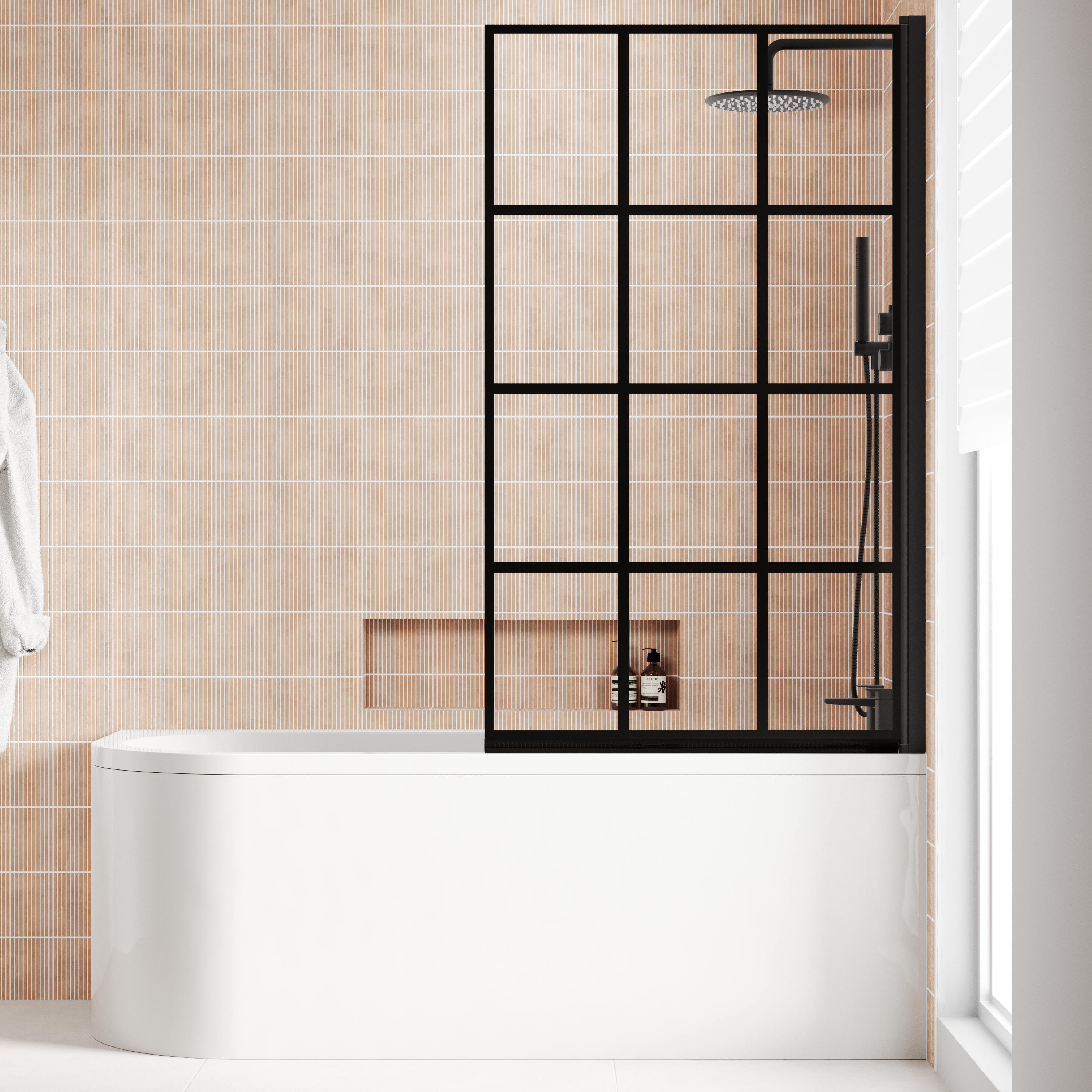 Armourcast Reinforced J Shaped Shower Bath with Panel & Matt Black Shower Screen - 1700mm