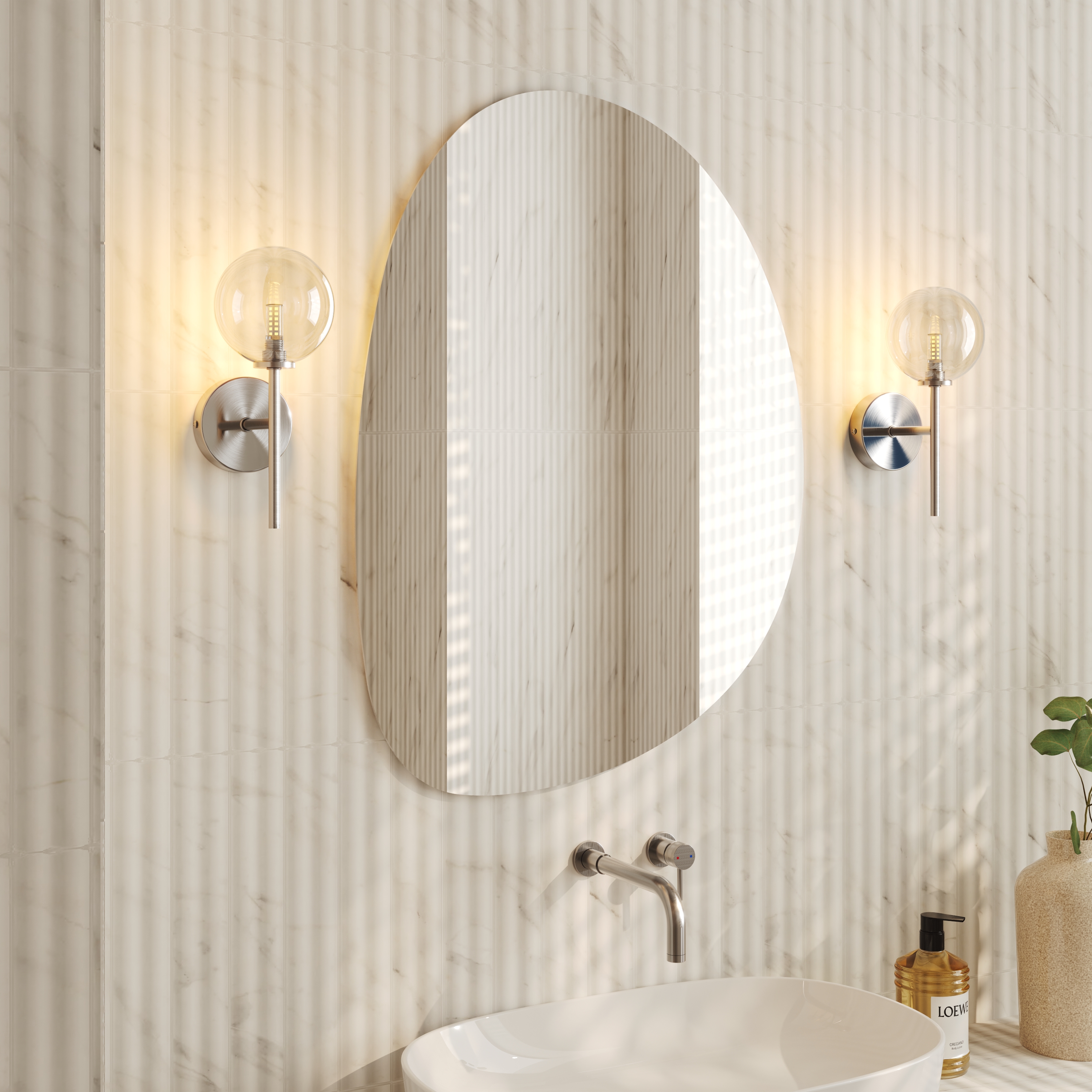 Organics Slim Mirror with Set Of 2 Glass Globe Wall Lights