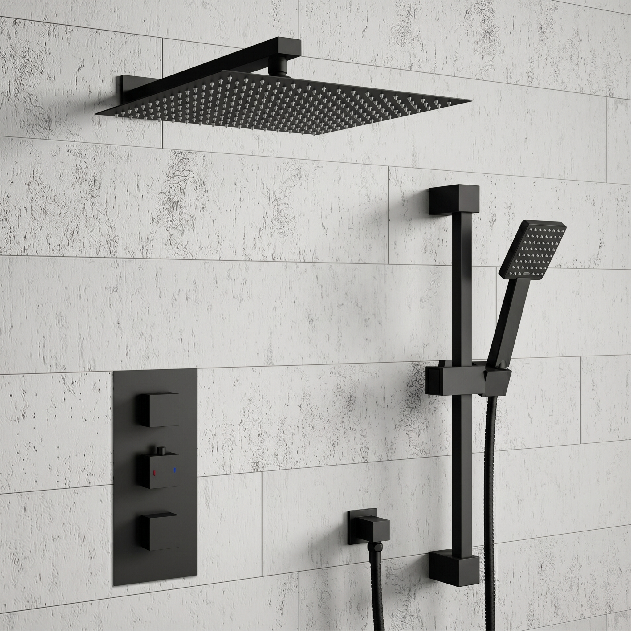 Harbour Status Concealed Shower Valve, Fixed Wall Mounted Head & Slide Rail Kit - Matt Black
