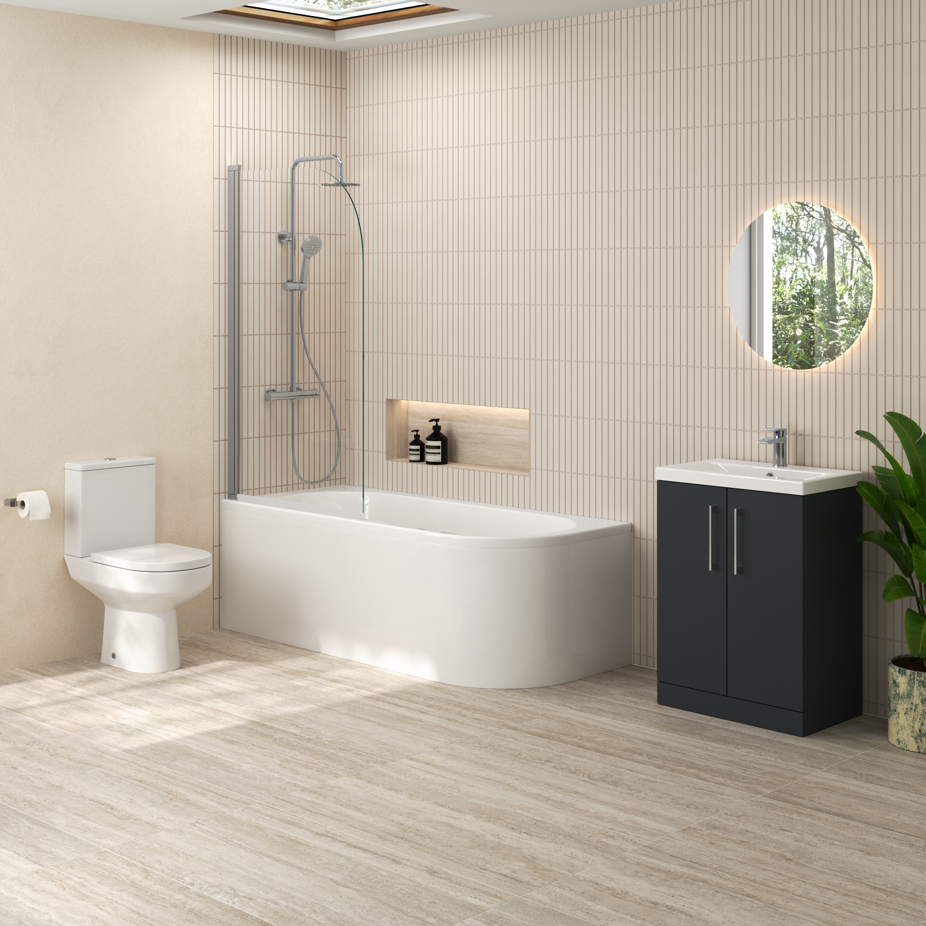 Erin Modern Shower Bath Suite with 1700mm J Shaped Bath & Rimless Toilet