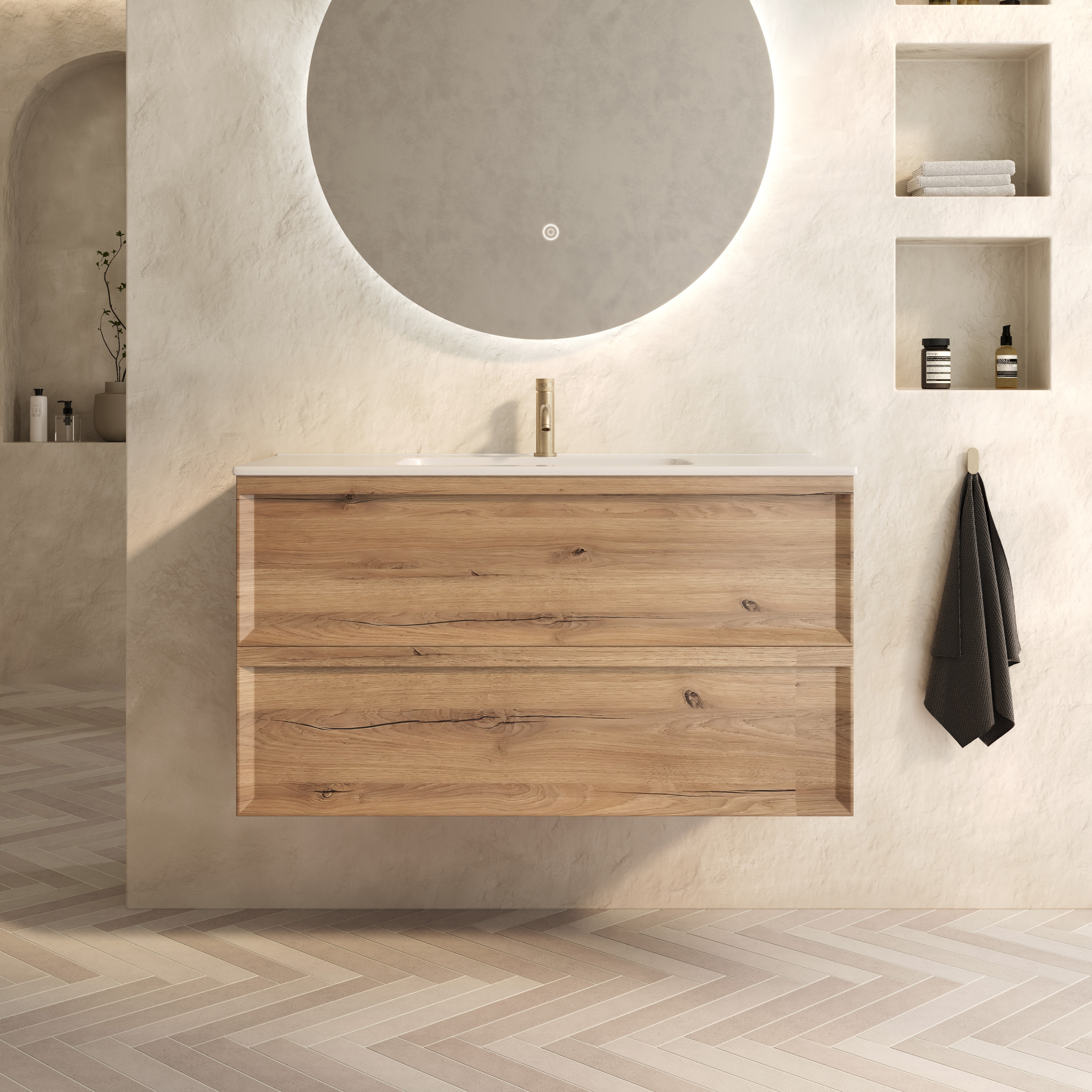 Aura 1000mm Wall Mounted Natural Oak Vanity Unit & Matt White Basin