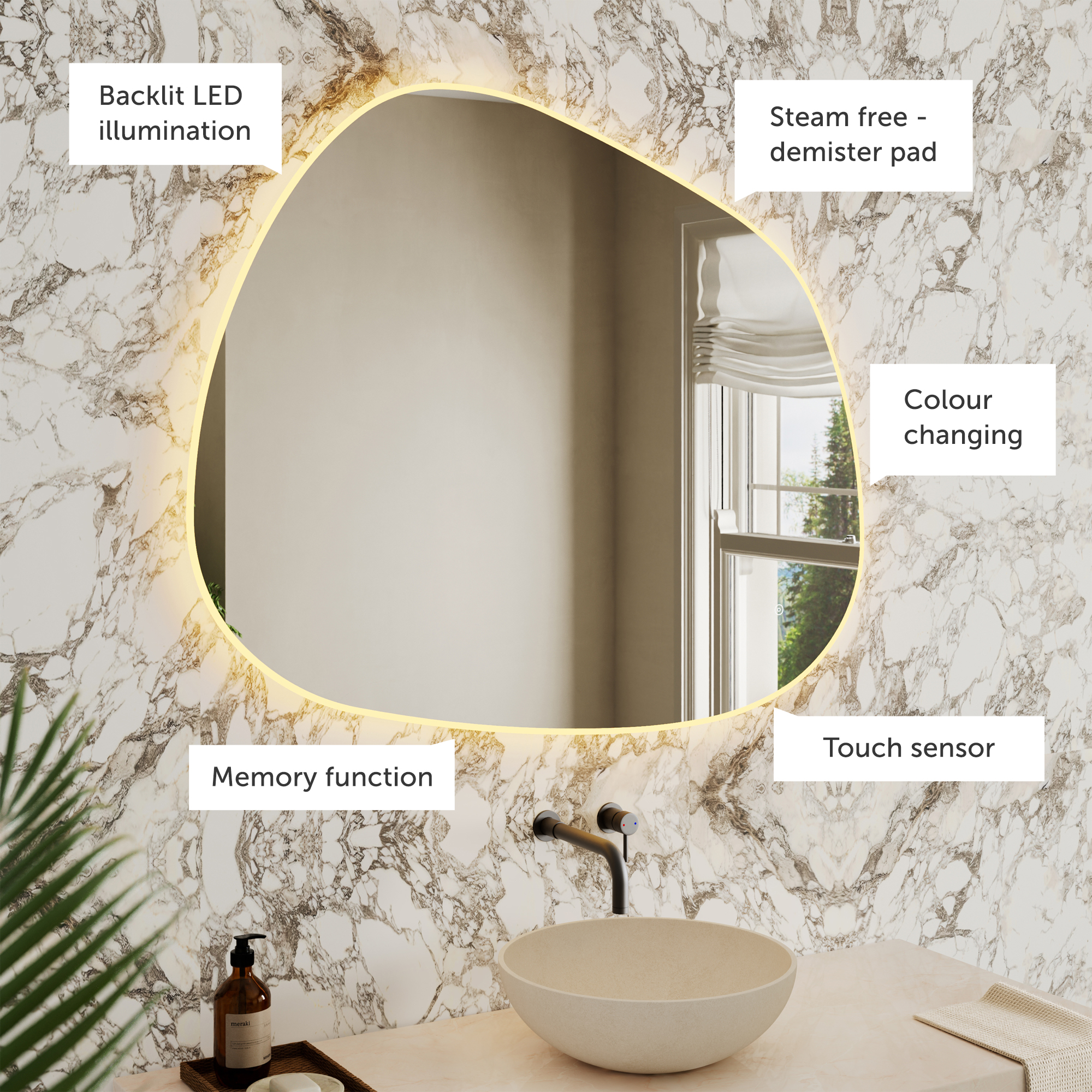 Organics Pond LED Illuminated Mirror with Demister Pad & Colour Change Lights - 1000 x 1200mm