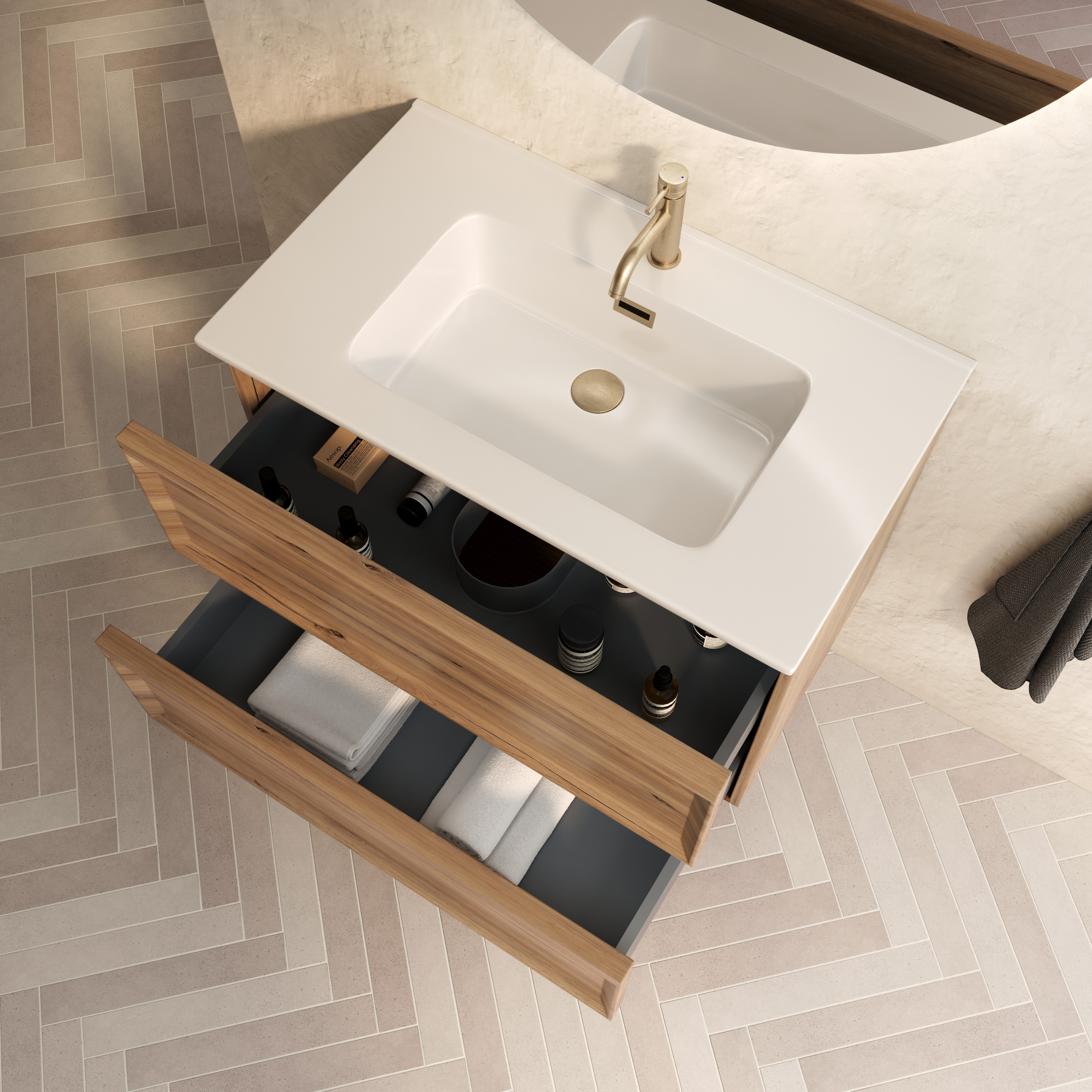 Aura 800mm Wall Mounted Natural Oak Vanity Unit & Matt White Basin