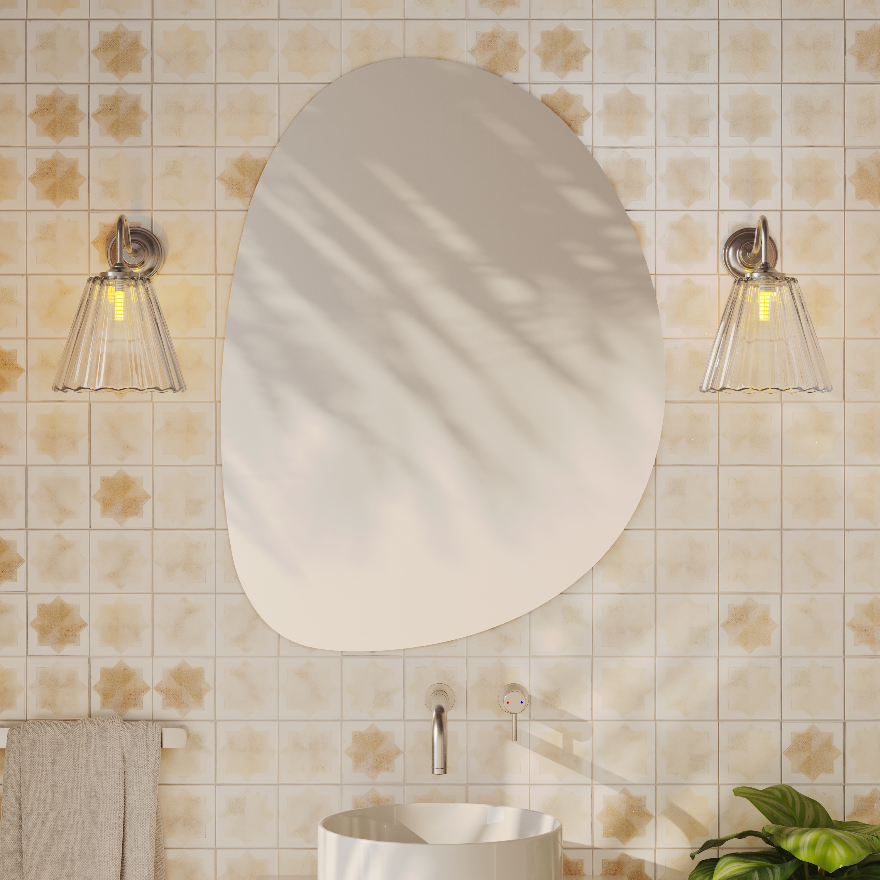 Organics Slim Mirror with Set Of 2 Fluted Glass Wall Shade Lights
