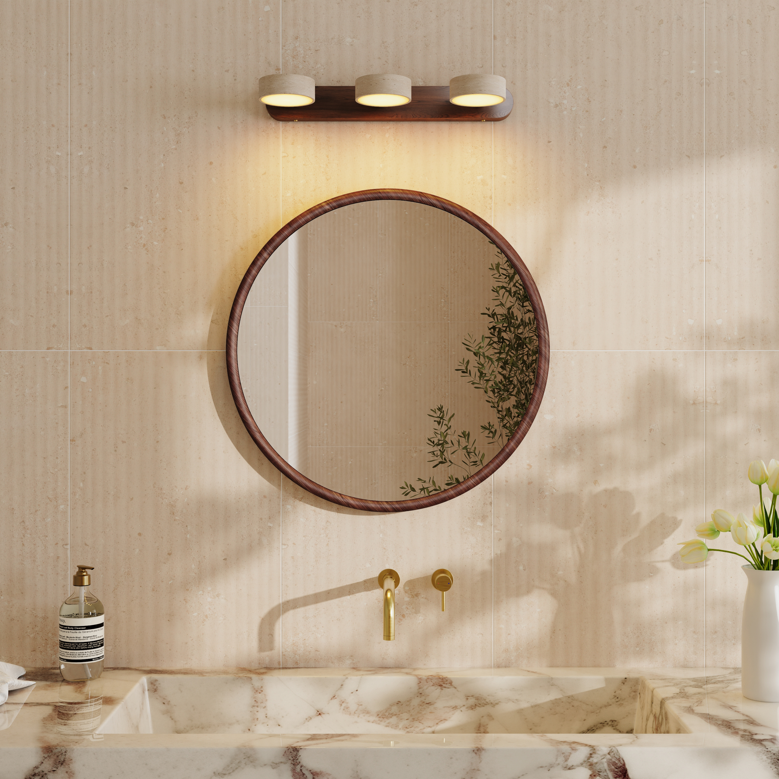 Alfie Wood Framed Mirror with Trio Stone Wall Light in Dark Wood