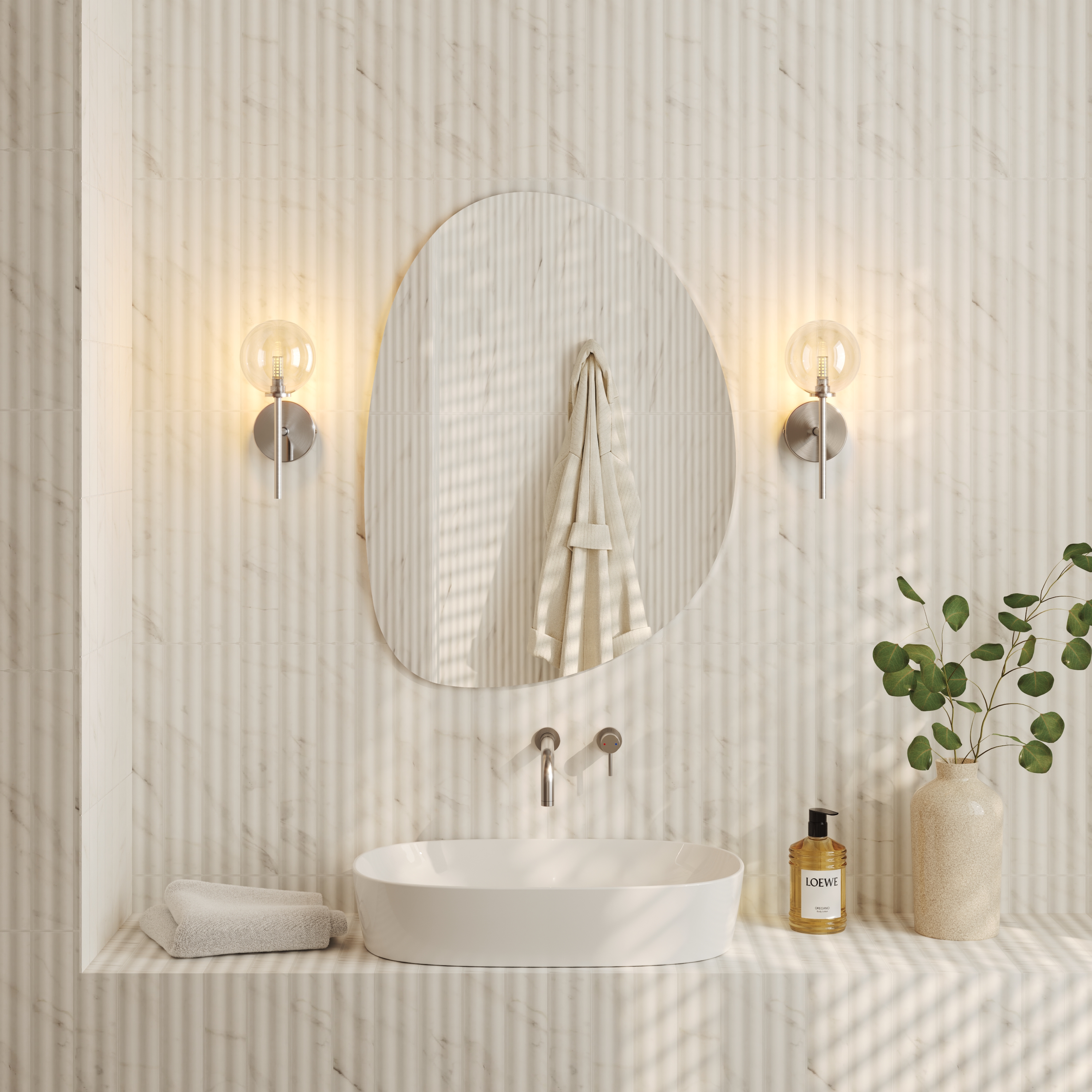Organics Slim Mirror with Set Of 2 Glass Globe Wall Lights