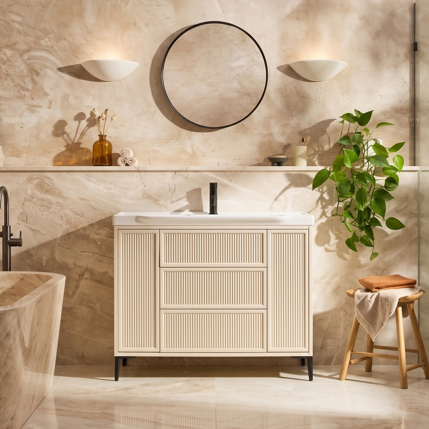 Elara 1000mm Floorstanding Stone Fluted Vanity Unit & Basin with Leg Set