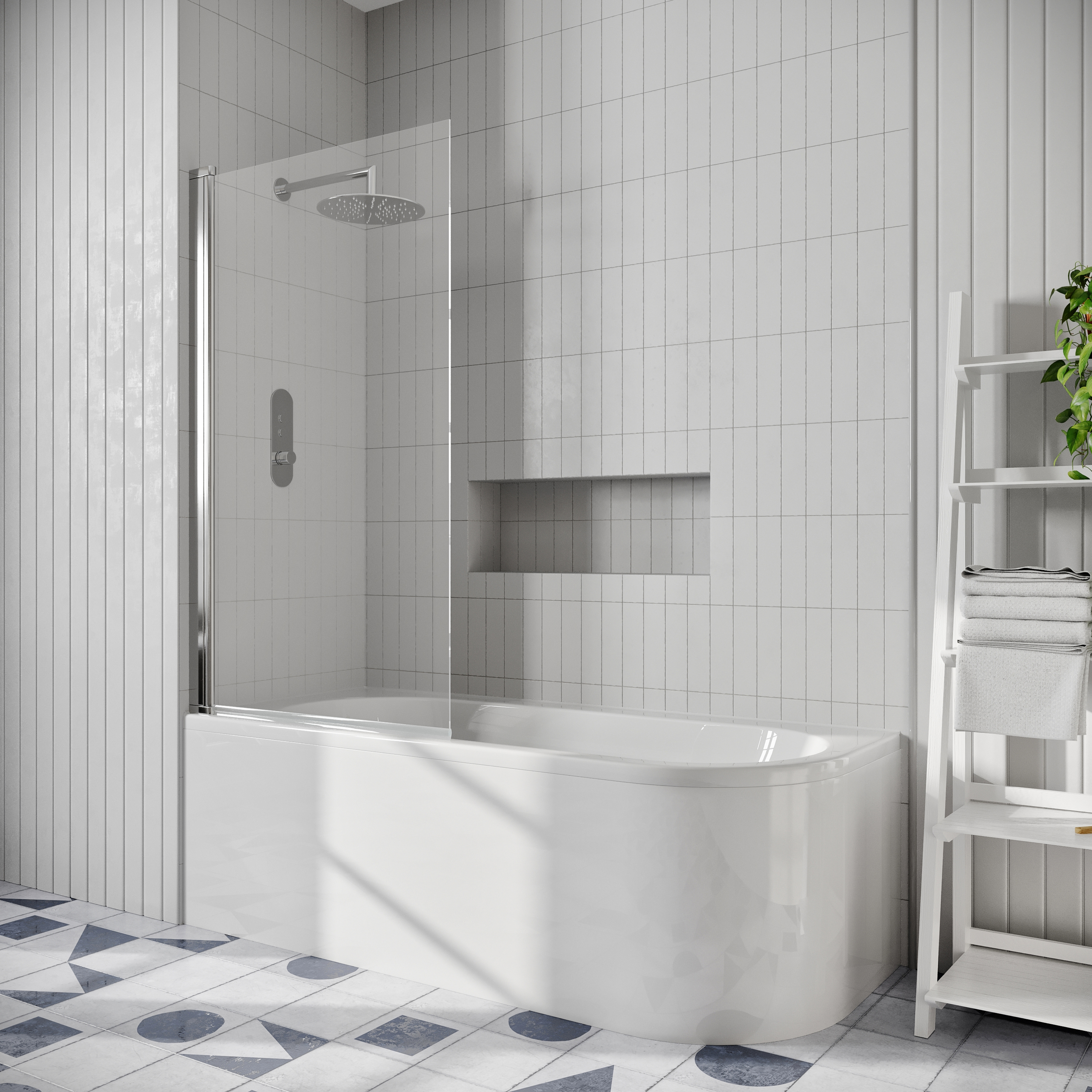 Drench J Shaped Shower Bath with Panel & Shower Screen - 1700mm