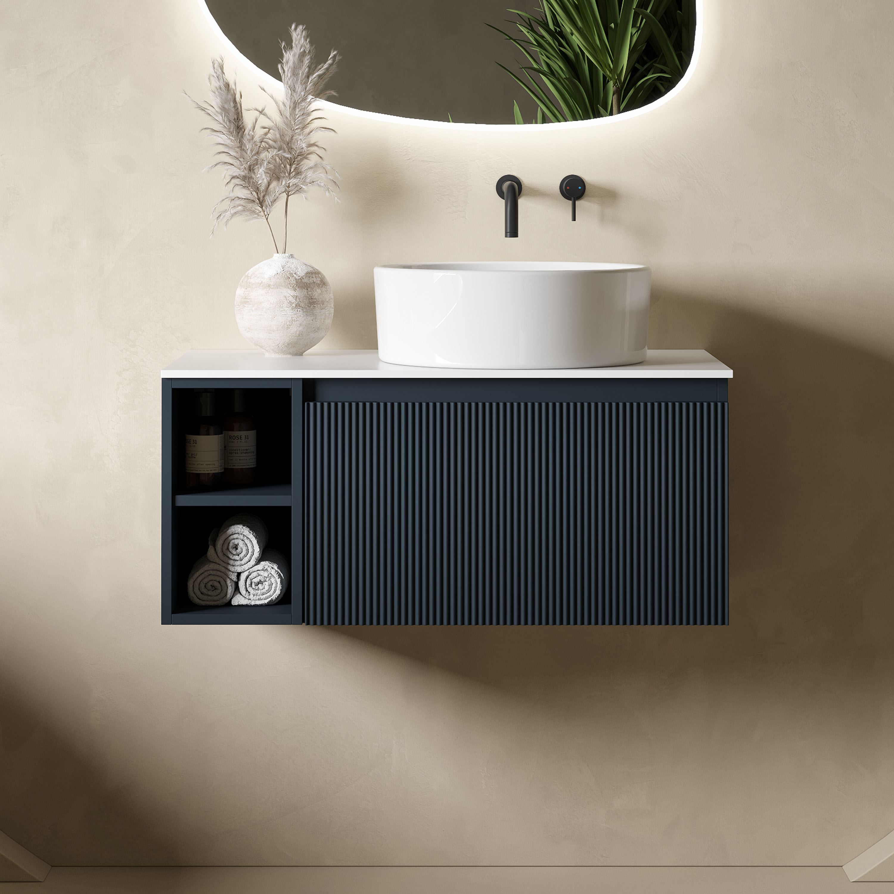 Drench Groove 800mm Fluted Wall Hung Vanity Unit with Open Shelves & Sintered Stone Countertop