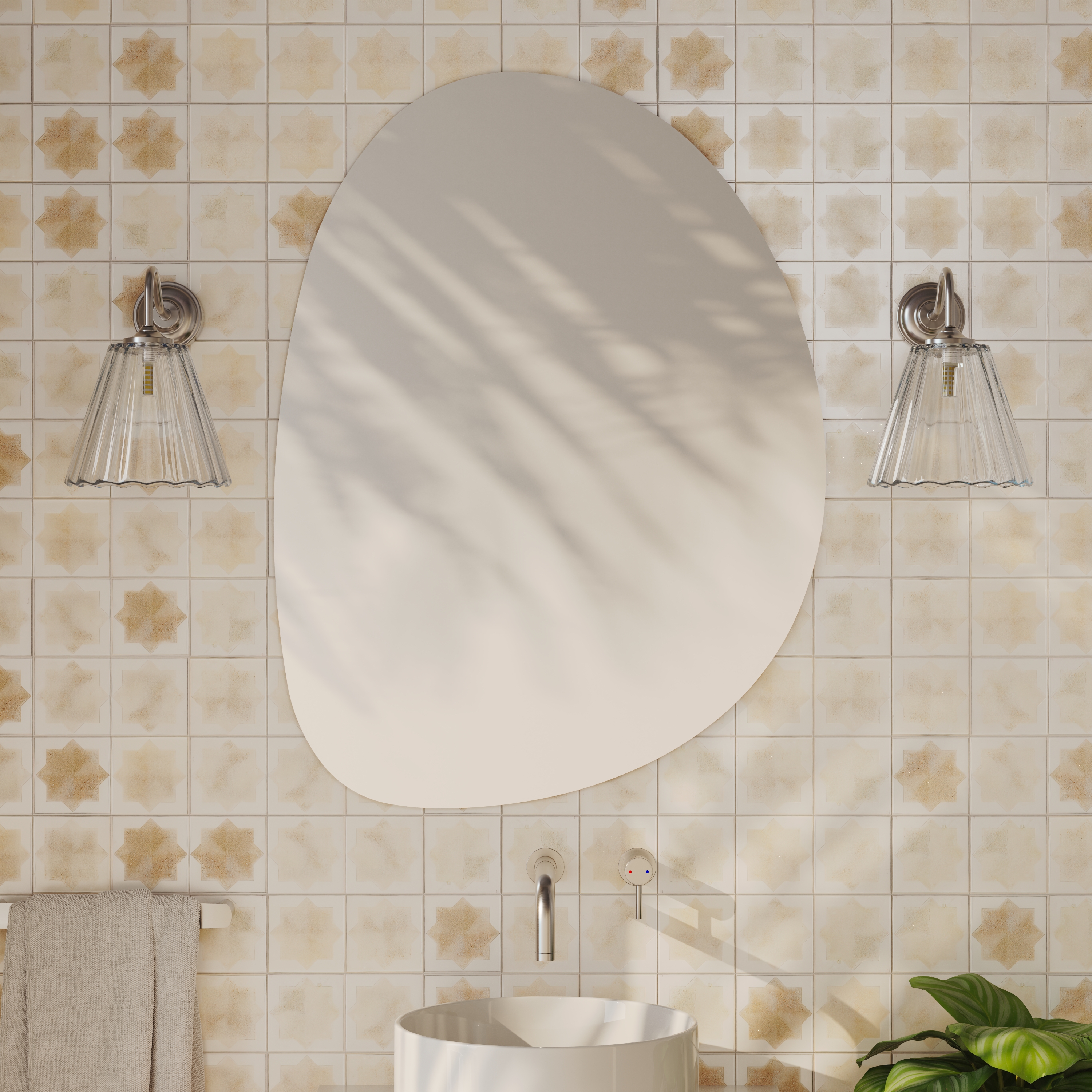 Organics Slim Mirror with Set Of 2 Fluted Glass Wall Shade Lights