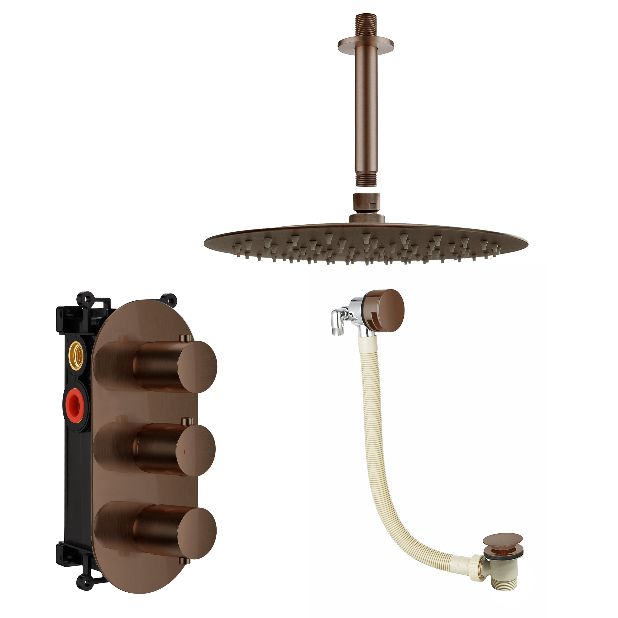 Harbour Clarity Brushed Bronze Shower Package with 2 Outlet Valve, Fixed Head & Ceiling Arm and Overflow Bath Filler