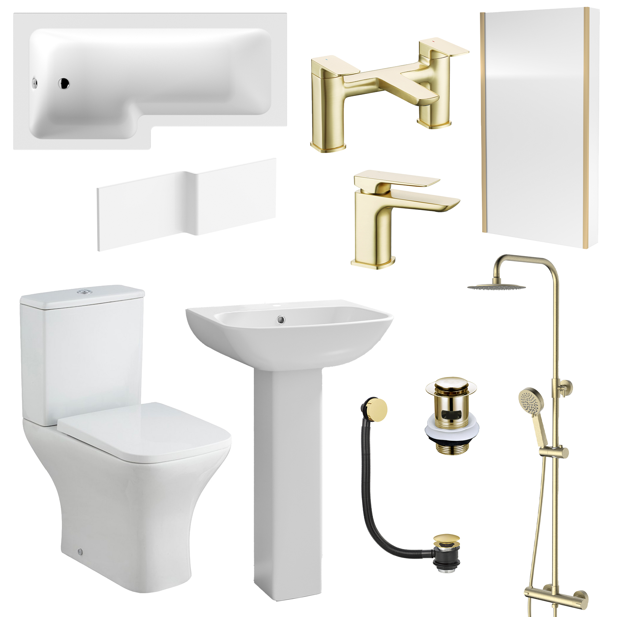 Emily Complete Brushed Brass Bathroom Suite with 1700mm L Shaped Shower Bath & Rimless Toilet