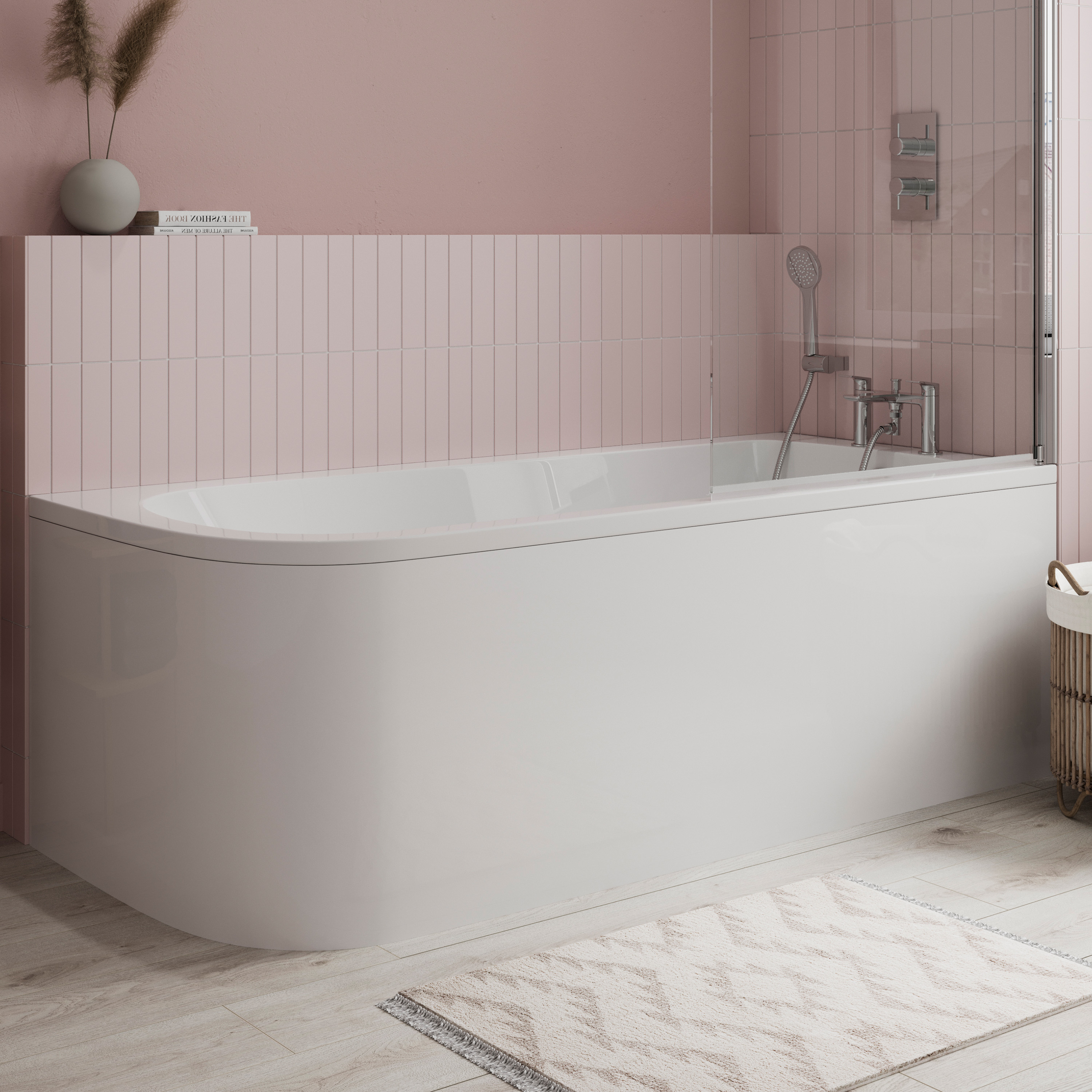 Britton Bathrooms Viride Single Ended Offset J-Shaped Bath, Panel & Cradle - 1700 x 750mm