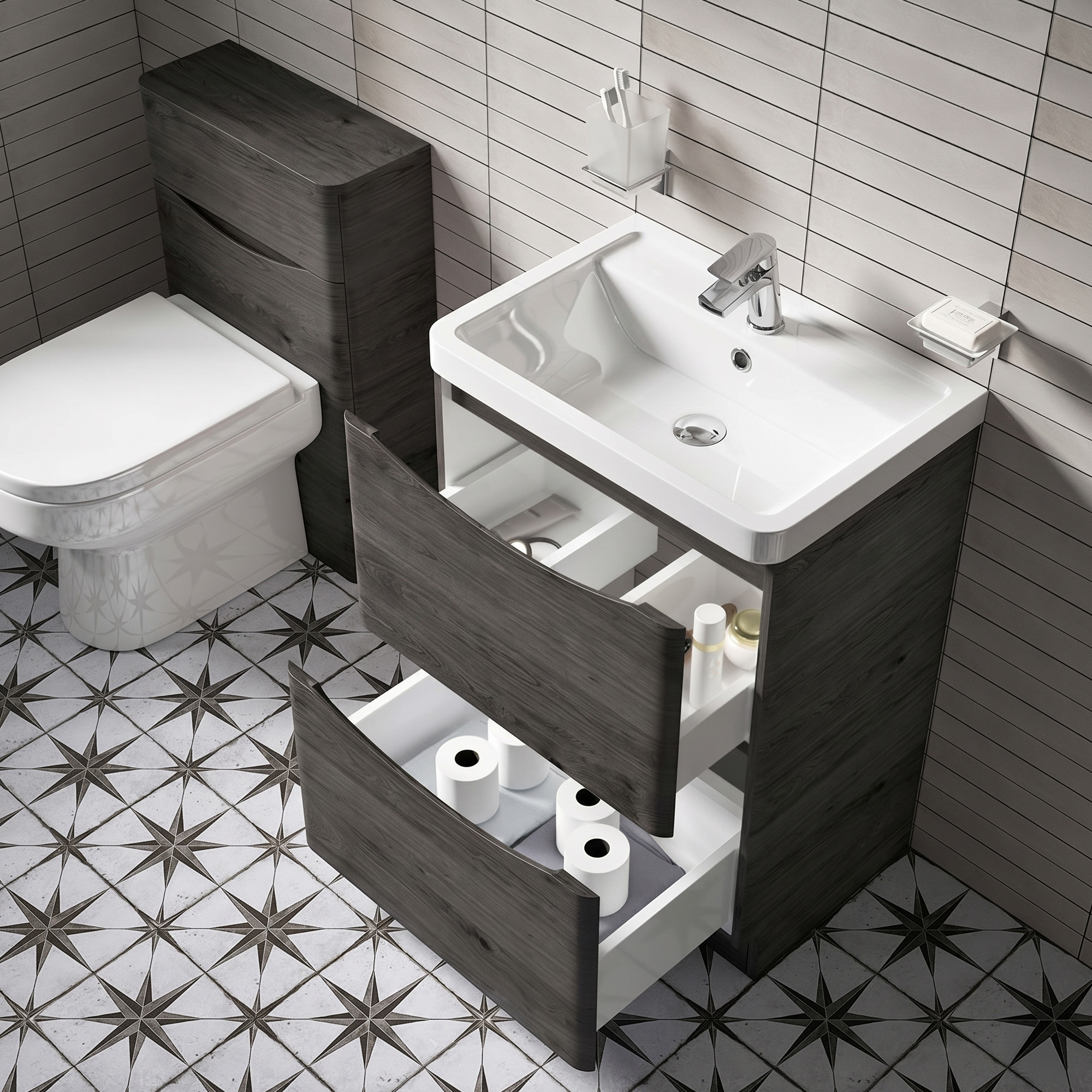 Harbour Clarity 600mm Floorstanding Graphite Oak Vanity Unit & Basin