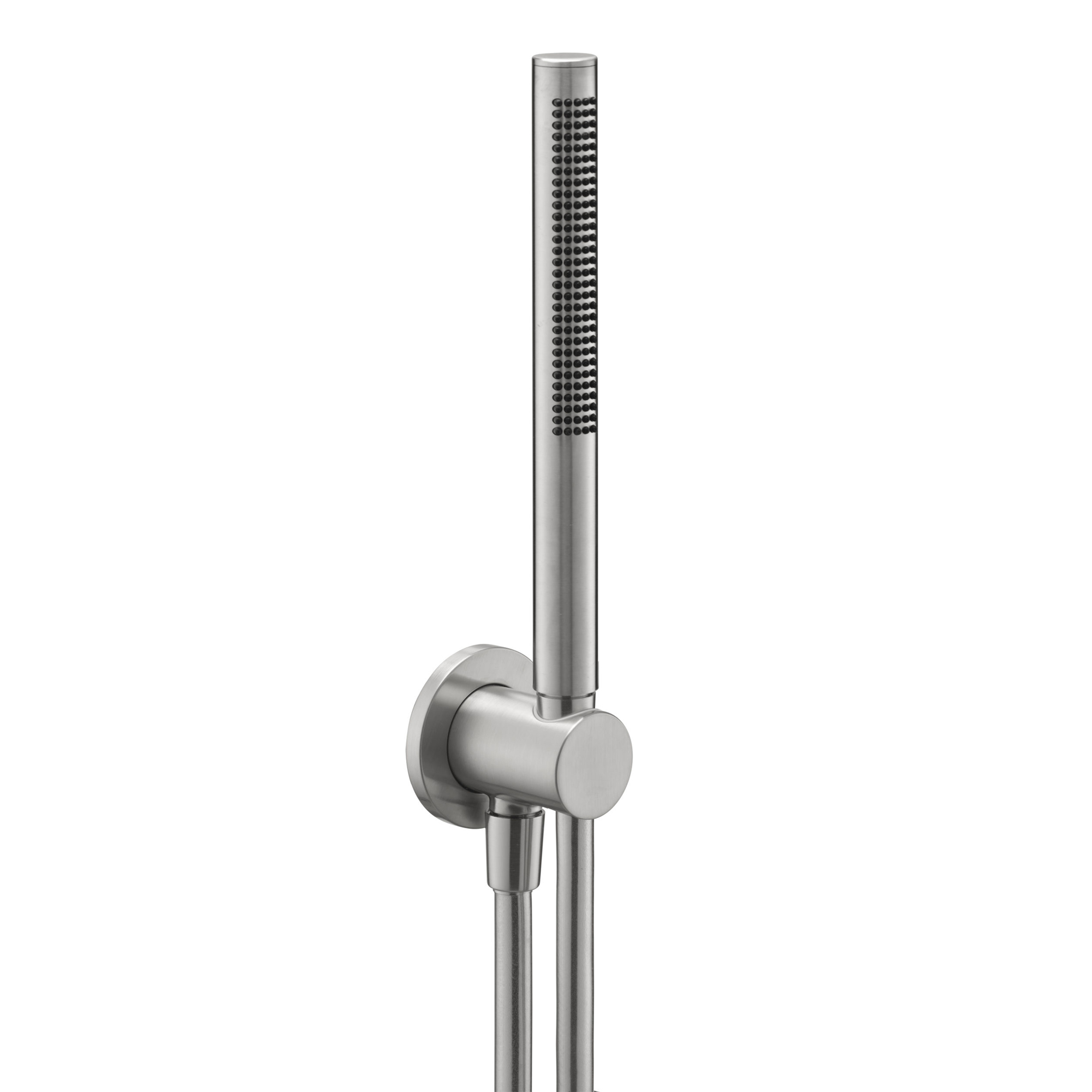 Inox Brushed Stainless Steel Round Water Outlet & Holder with Metal Hose & Slim Hand Shower