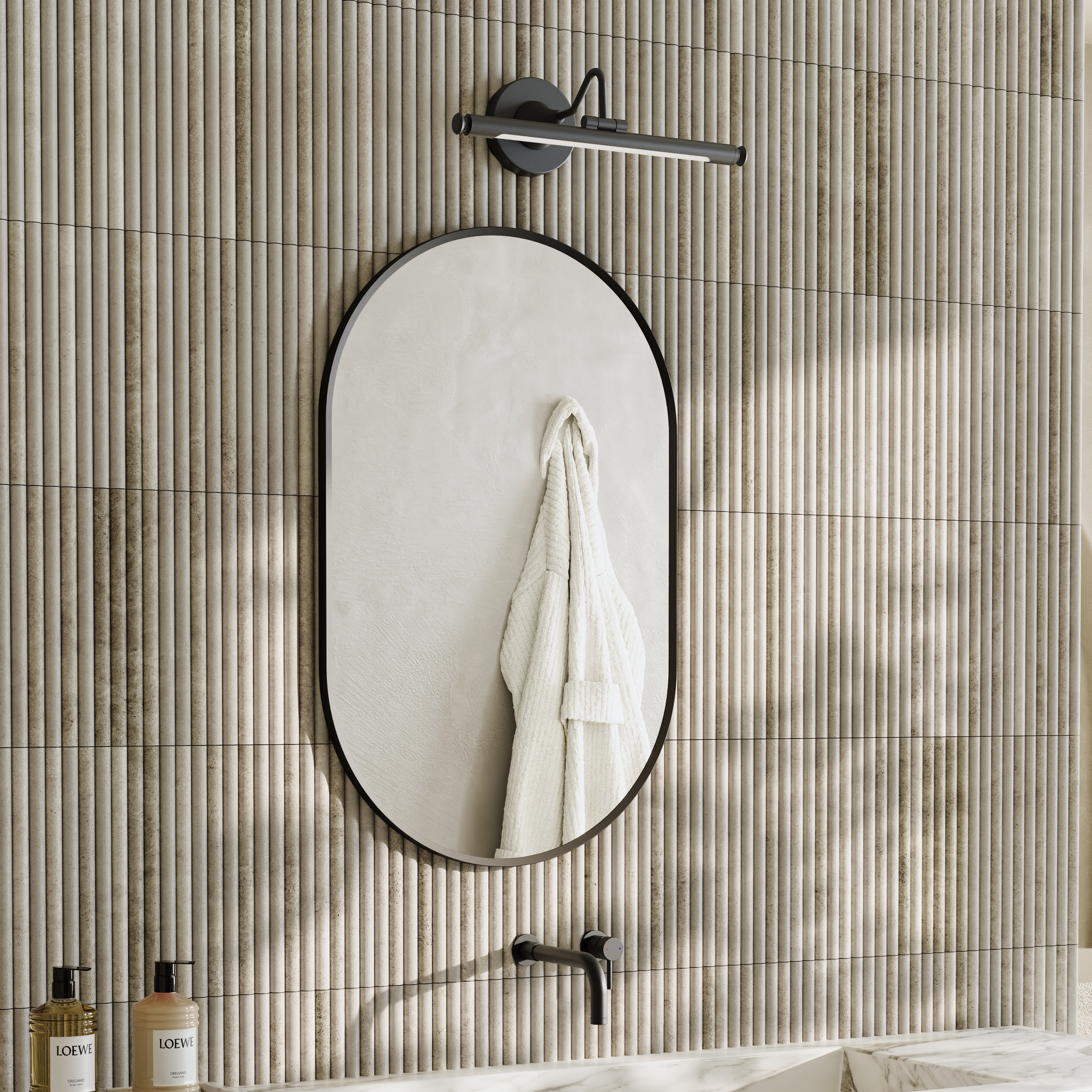 Billy Oval Framed Mirror with Small Picture Wall Light in Matt Black