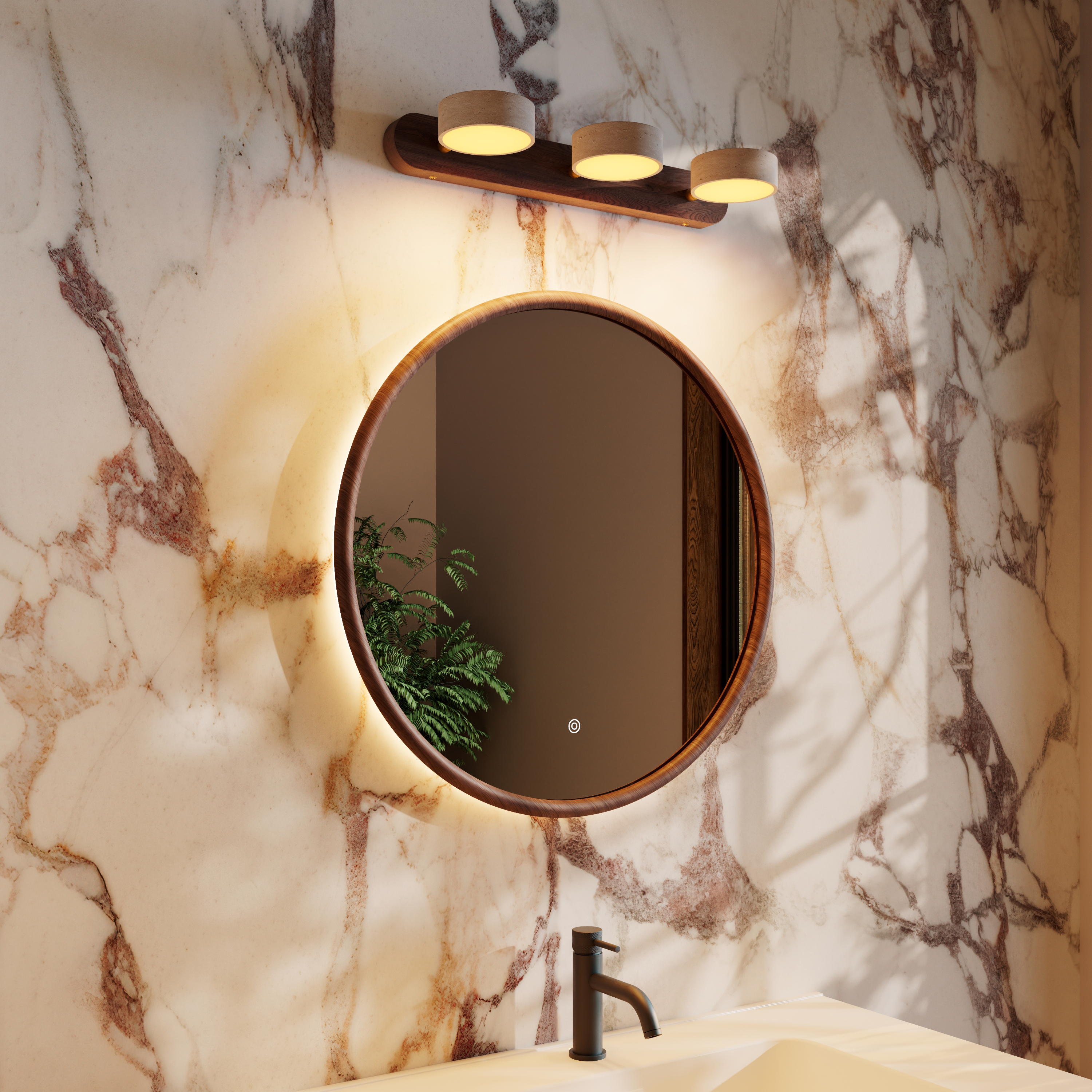 Alfie LED Illuminated Wood Framed Mirror with Trio Stone Wall Light in Dark Wood