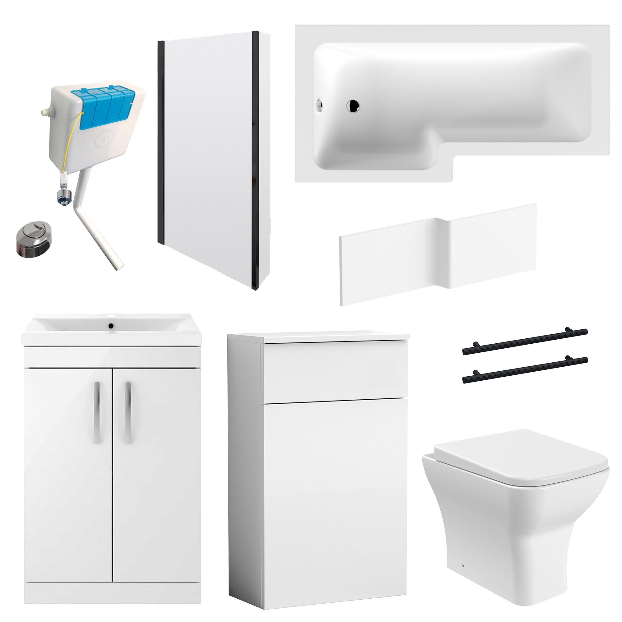 Emily Matt Black L Shaped Shower Bath Suite with Rimless Back to Wall Toilet & 1700mm Bath