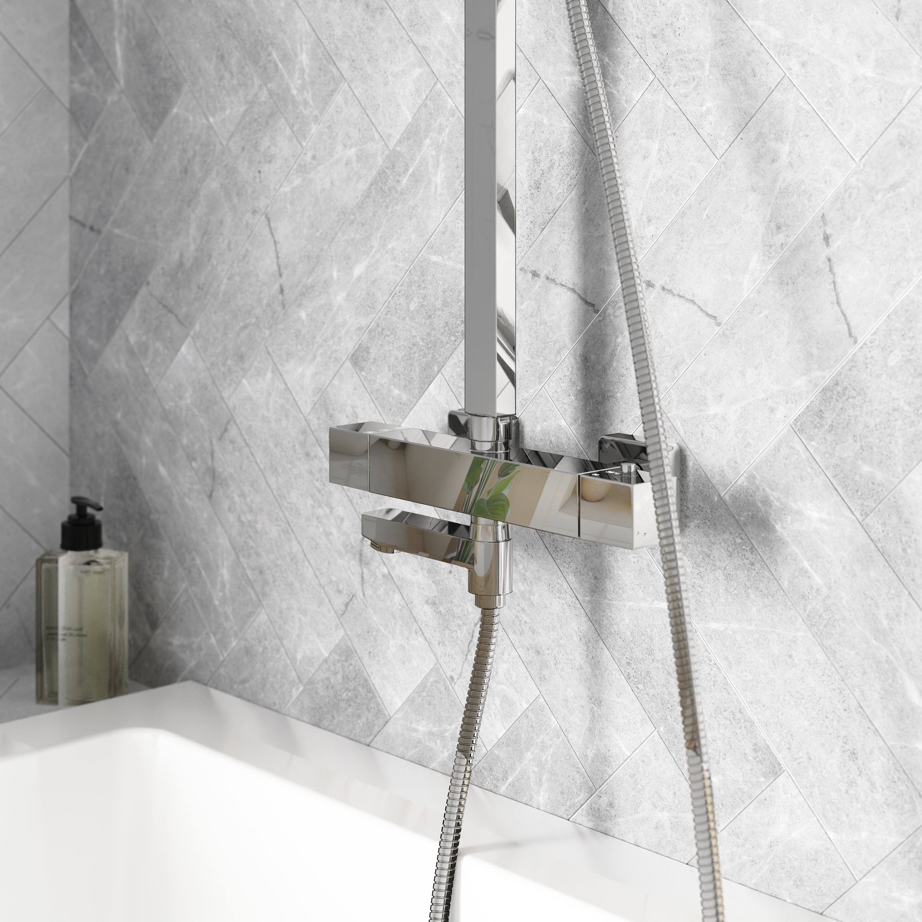 Vellamo Blox Exposed 3 Outlet Rigid Riser Thermostatic Shower Set with Integrated Bath Spout