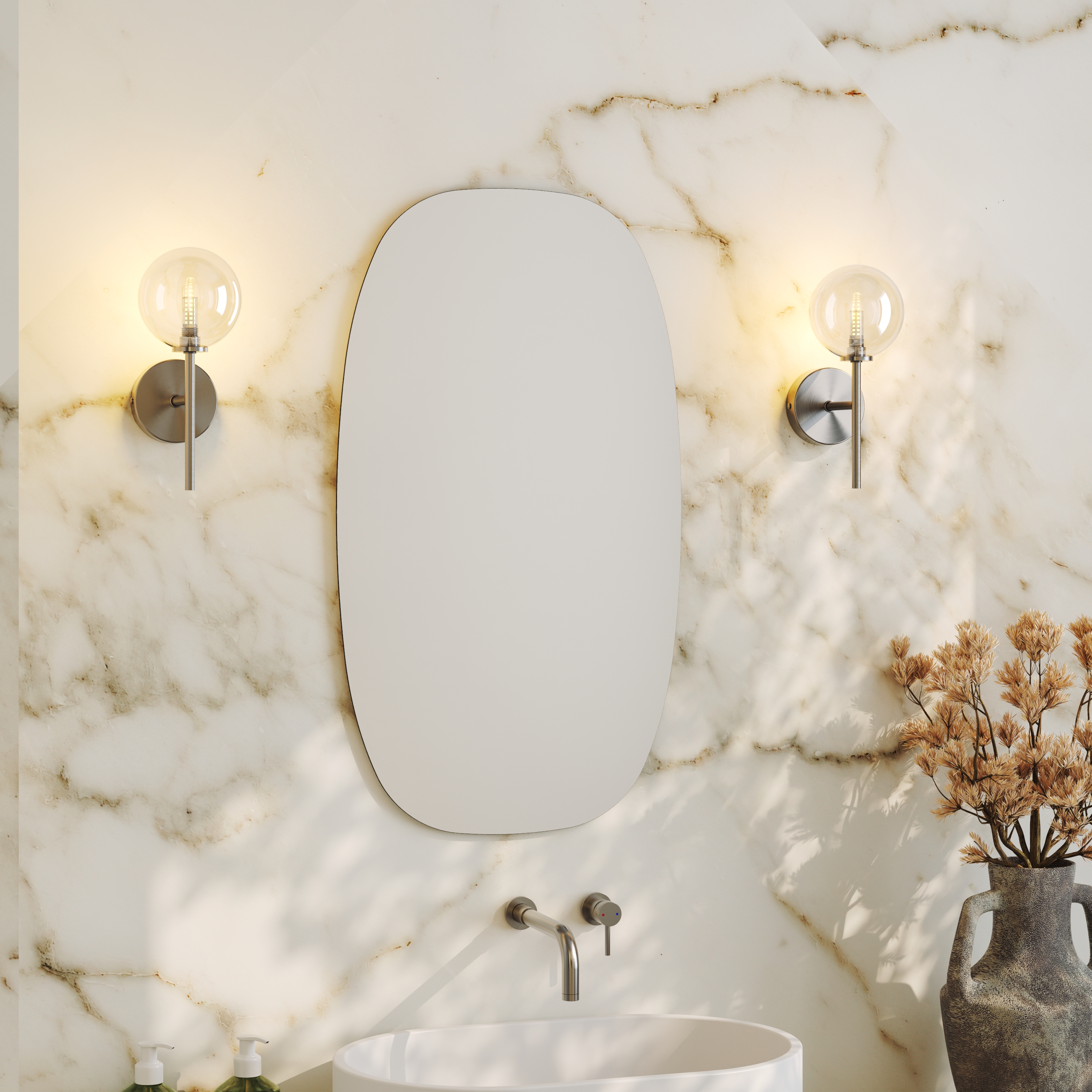 Arc Barrel Mirror with Set Of 2 Glass Globe Wall Lights