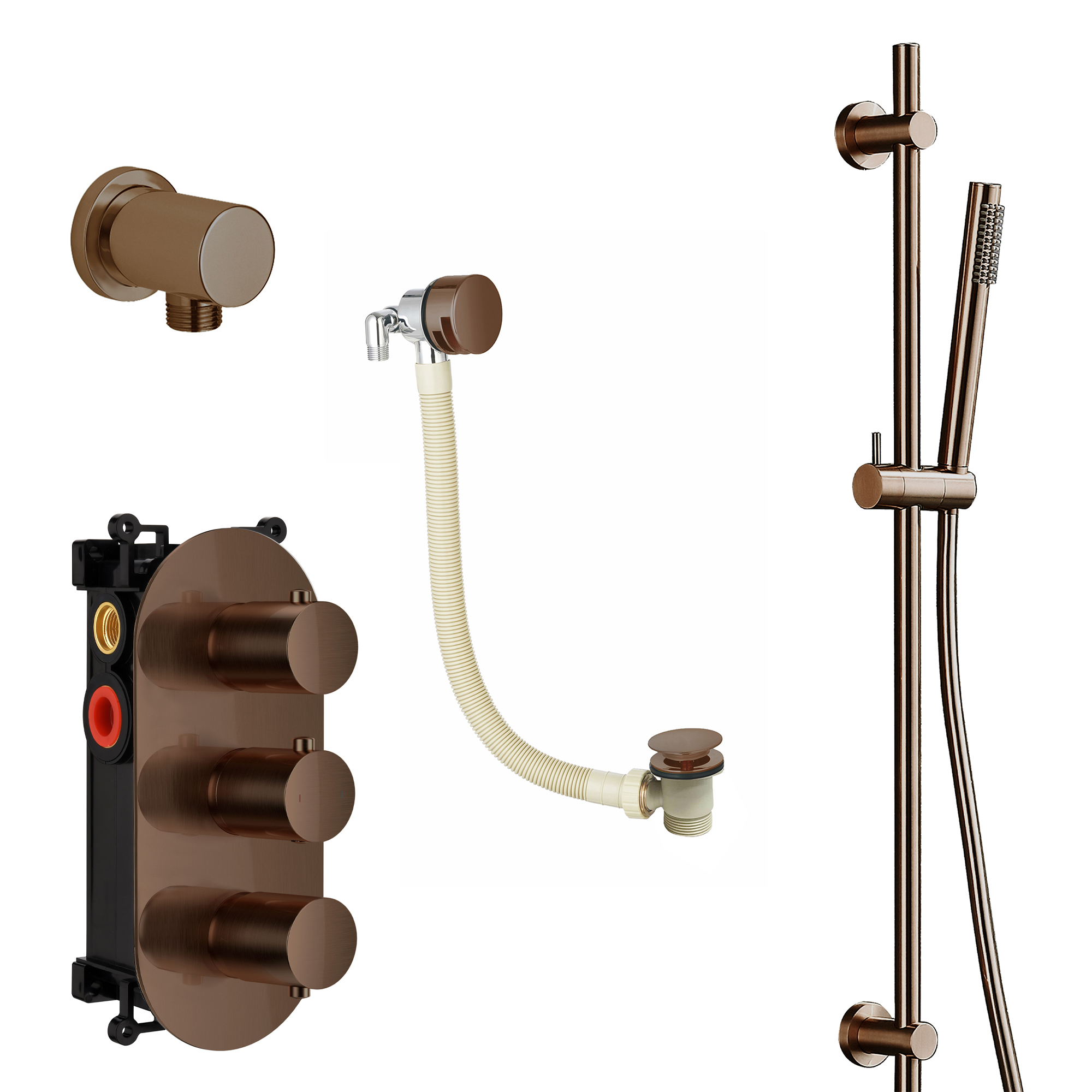 Harbour Clarity Brushed Bronze Shower Package with 2 Outlet Valve, Slide Rail Kit and Overflow Bath Filler