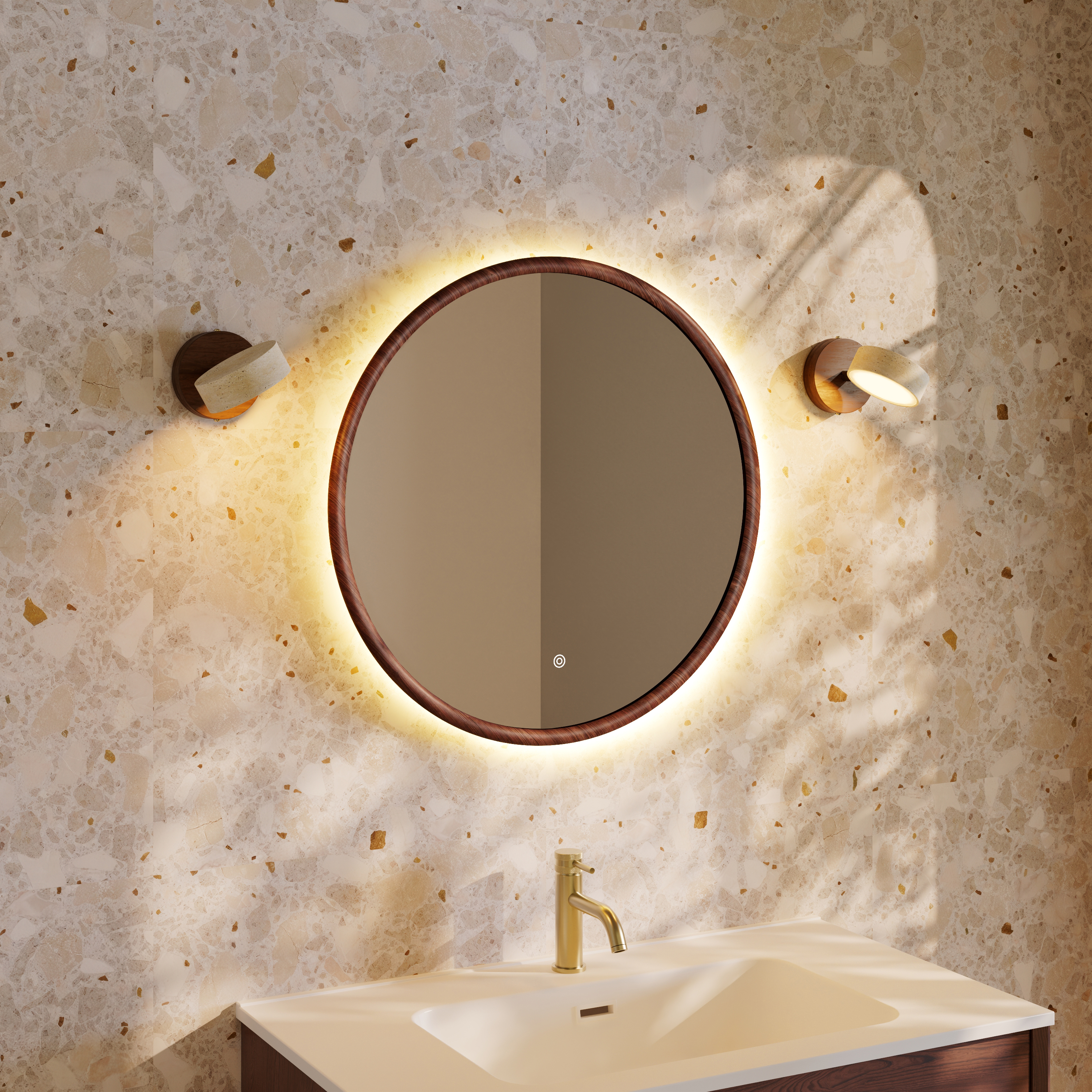 Alfie LED Illuminated Wood Framed Mirror with Set Of 2 Stone Spot Lights in Wood