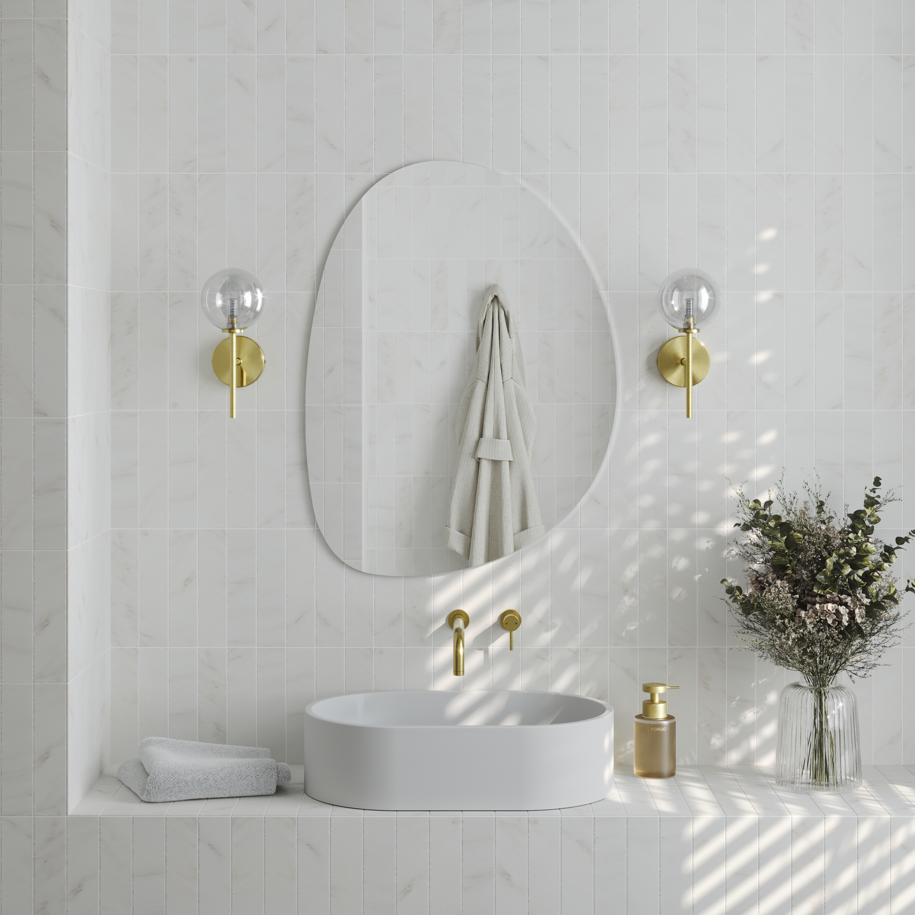 Organics Slim Mirror with Set Of 2 Glass Globe Wall Lights