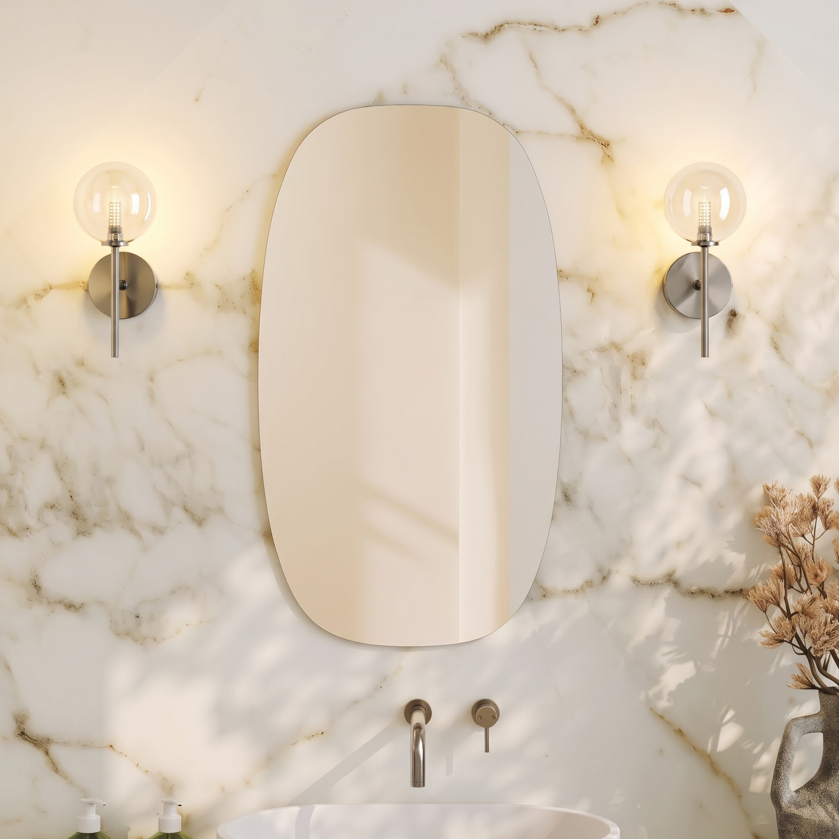 Arc Barrel Mirror with Set Of 2 Glass Globe Wall Lights