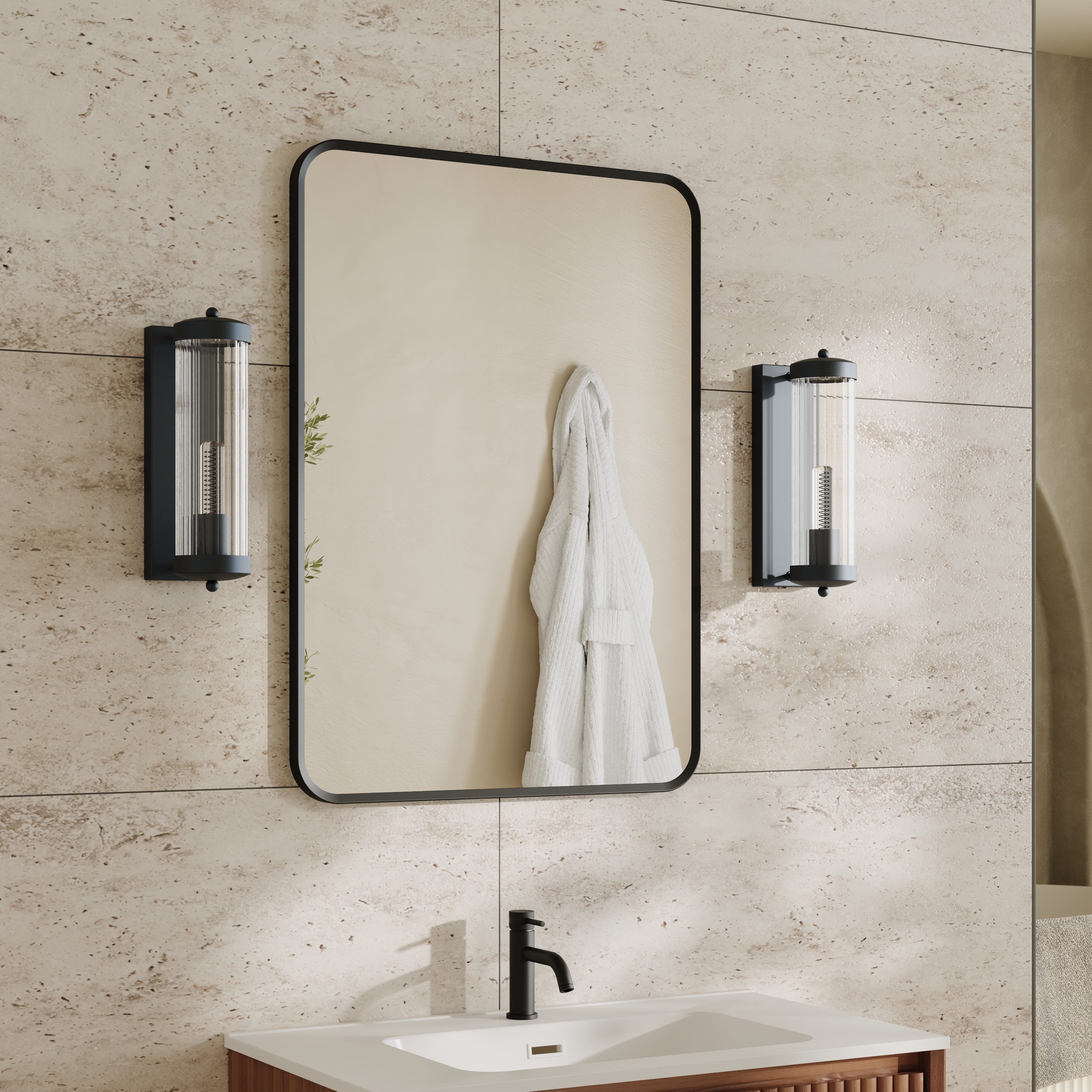 Finn Matt Black Framed Mirror with Set Of 2 Fluted Lantern Wall Lights