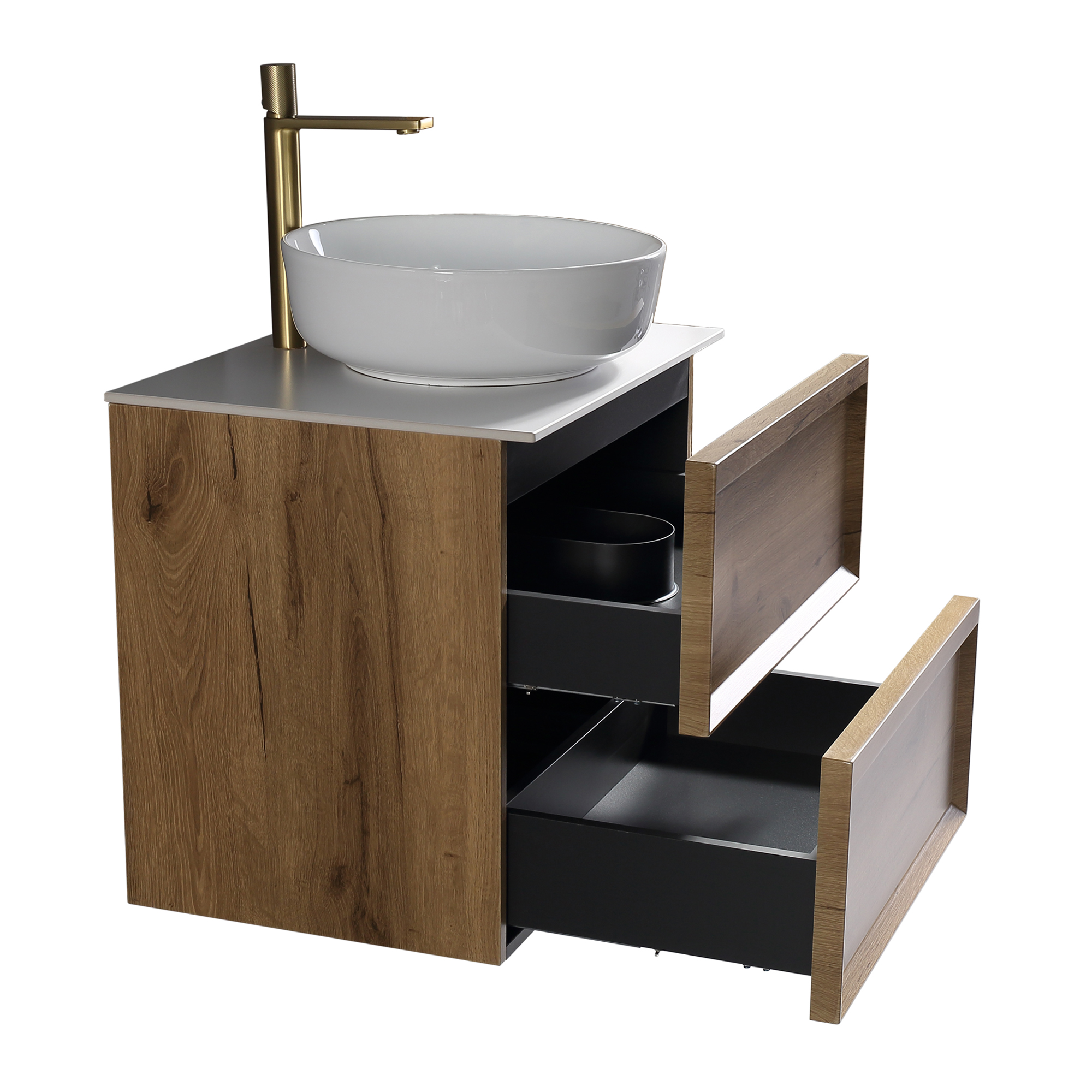 Aura 600mm Wall Mounted Natural Oak Vanity Unit & Sintered Stone Countertop