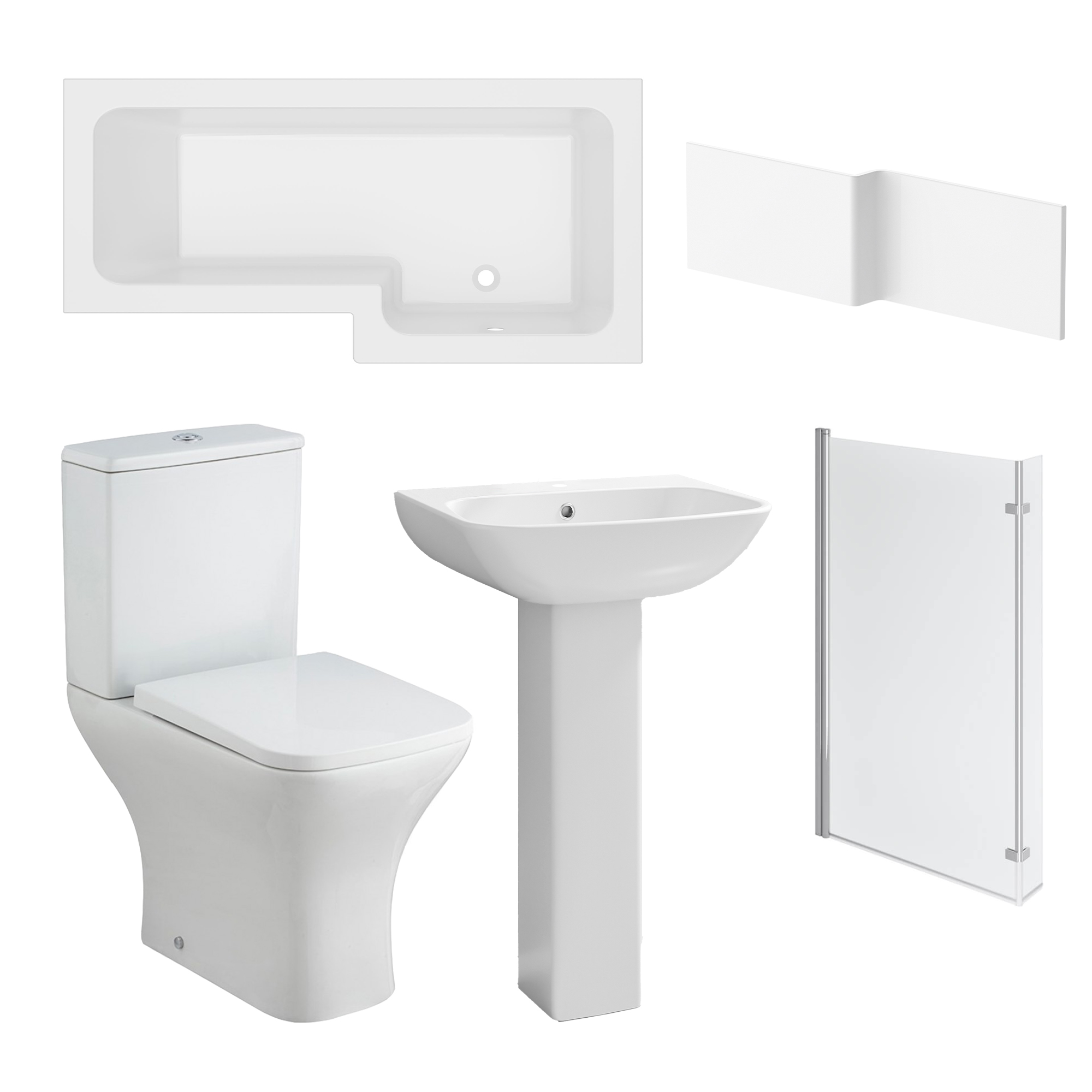 Emily Modern Shower Bath Suite with 1700mm L Shaped Bath & Rimless Toilet