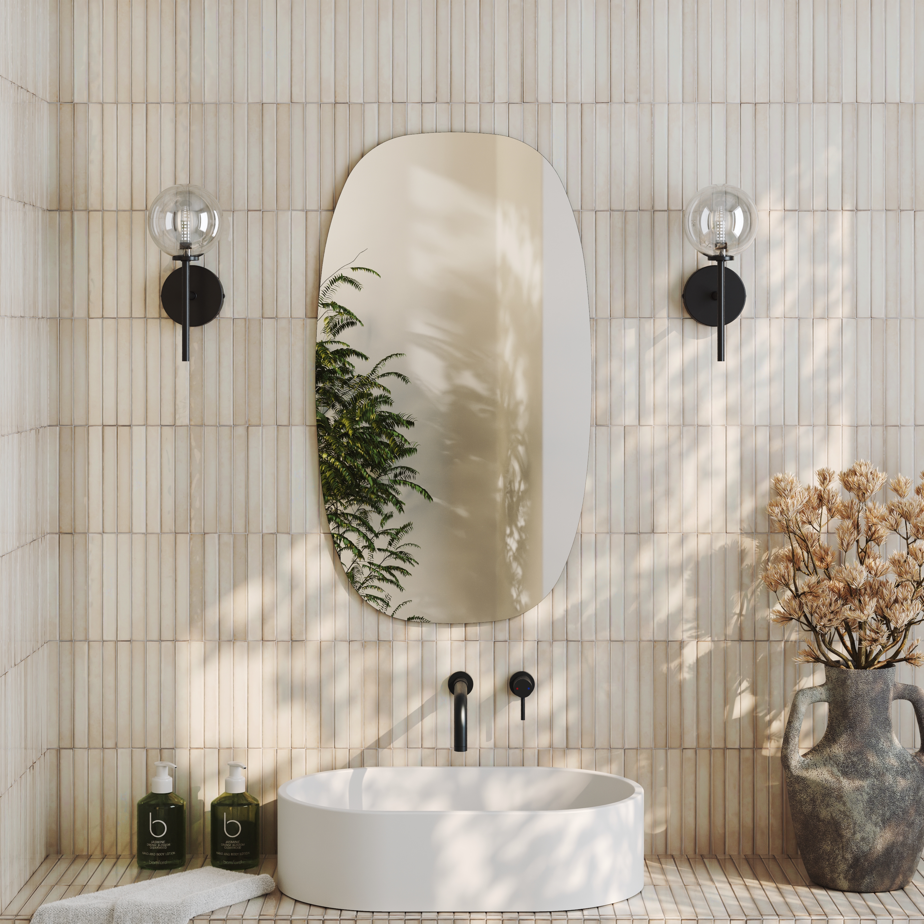 Arc Barrel Mirror with Set Of 2 Glass Globe Wall Lights