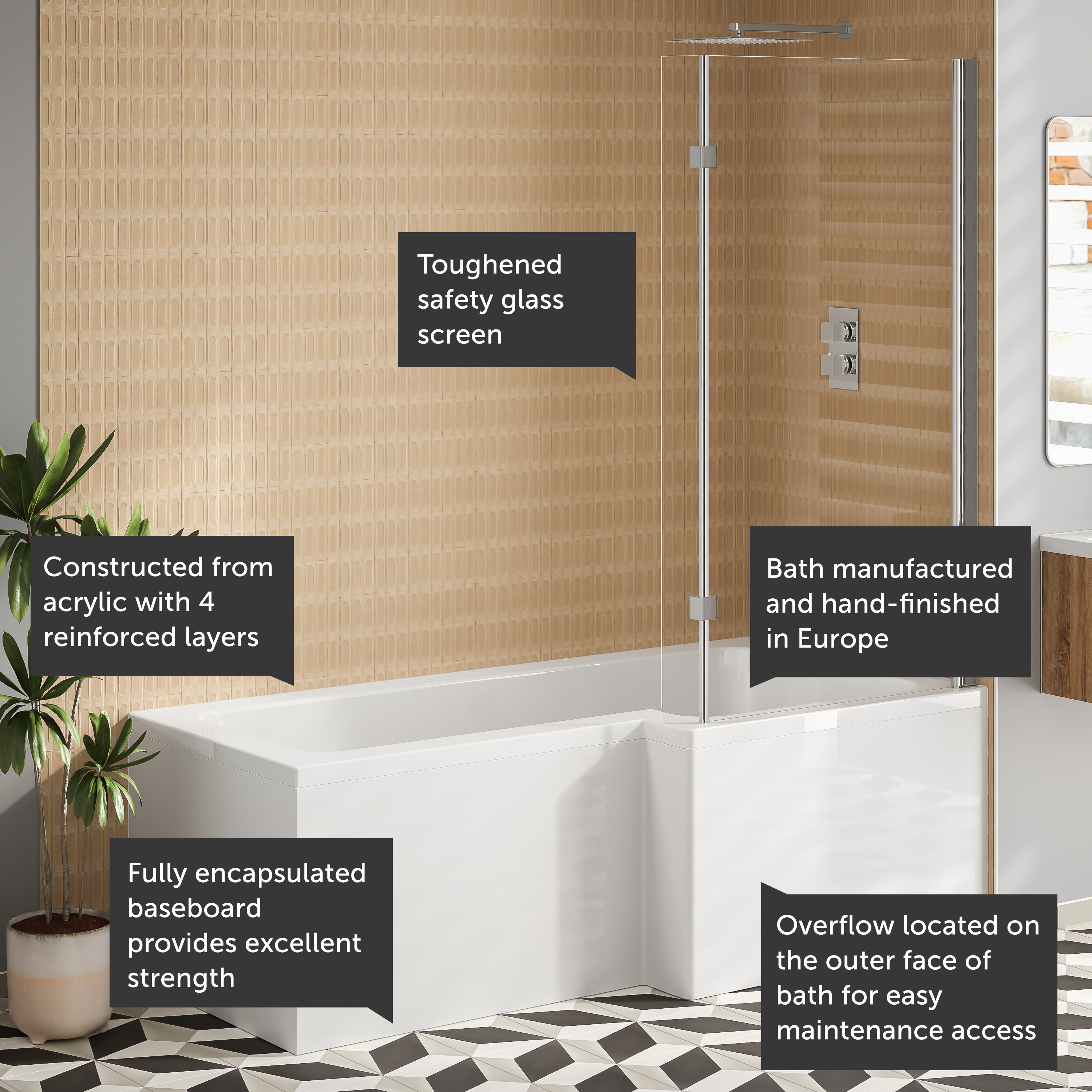 Armourcast Reinforced L Shape Single Ended Bath with Panel & Shower Screen - 1700 x 700