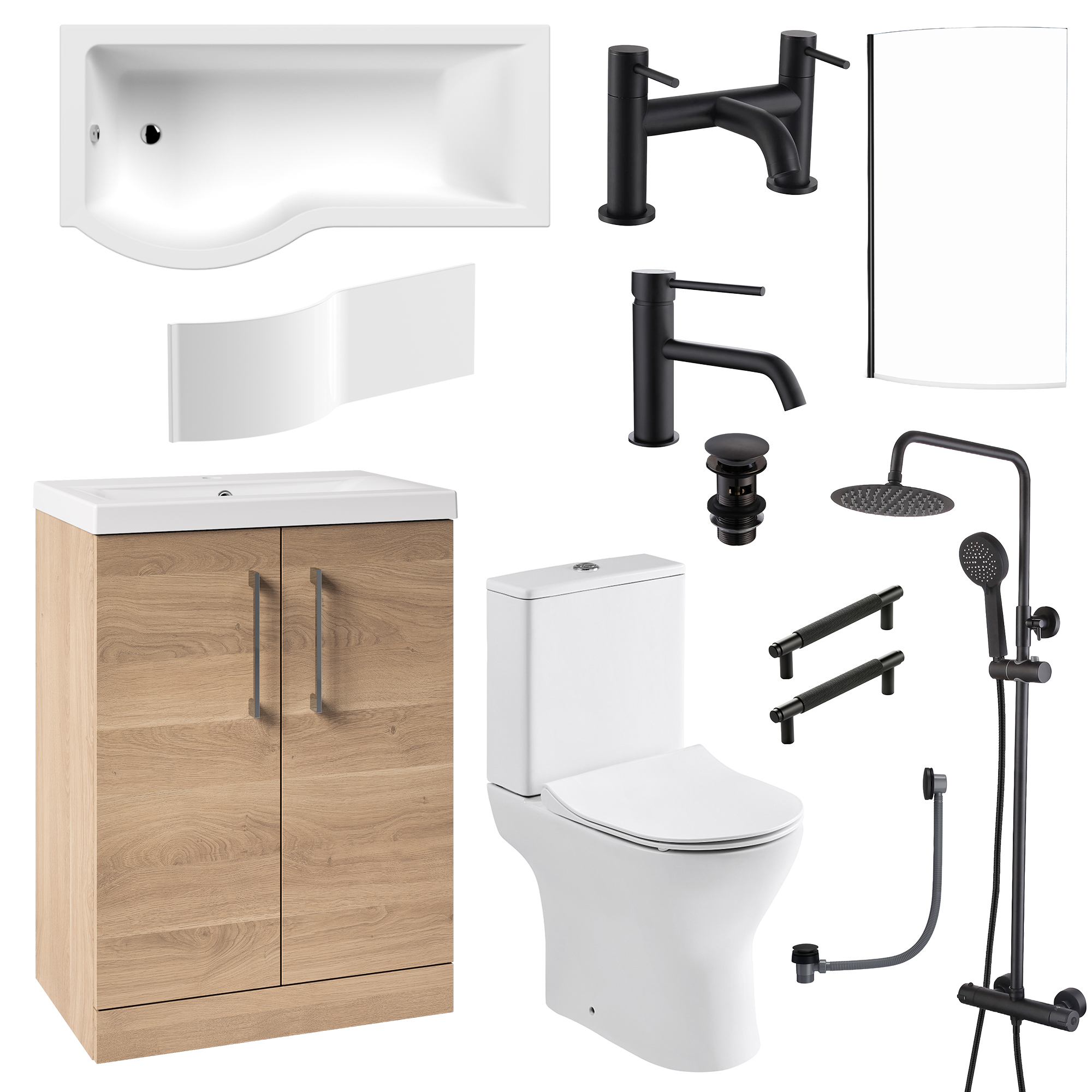 Erin Complete Matt Black Bathroom Suite with 1700mm P Shaped Shower Bath & Rimless Toilet