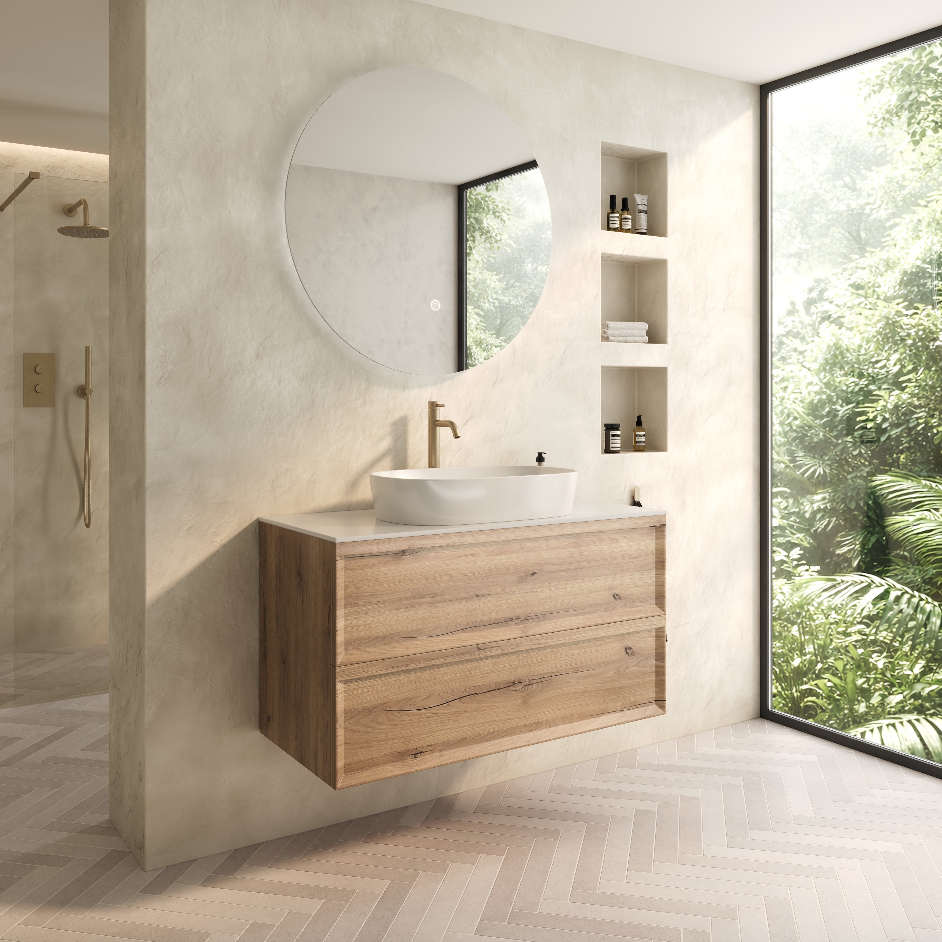 Aura 1000mm Wall Mounted Natural Oak Vanity Unit & Sintered Stone Countertop