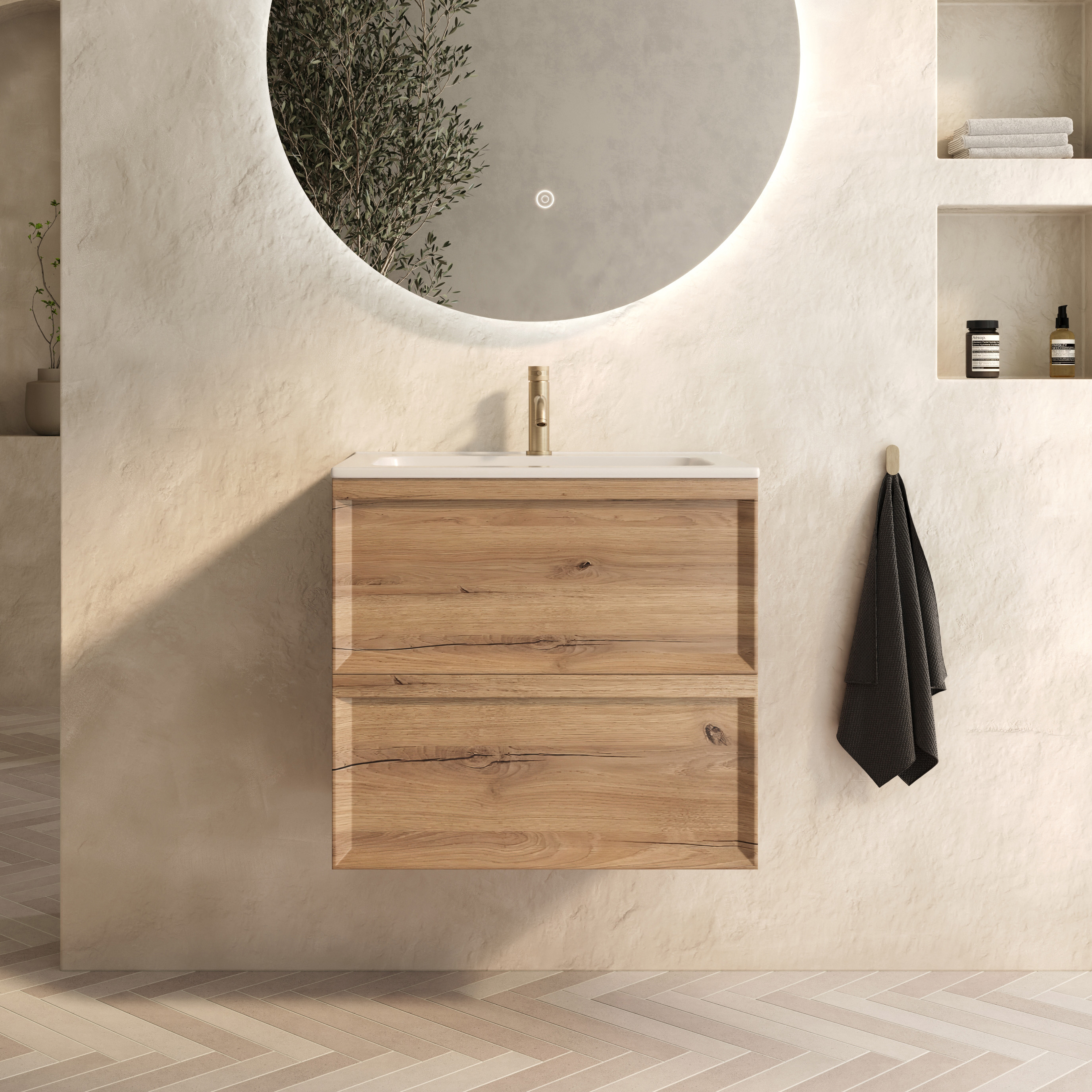 Aura 600mm Wall Mounted Natural Oak Vanity Unit & Matt White Basin