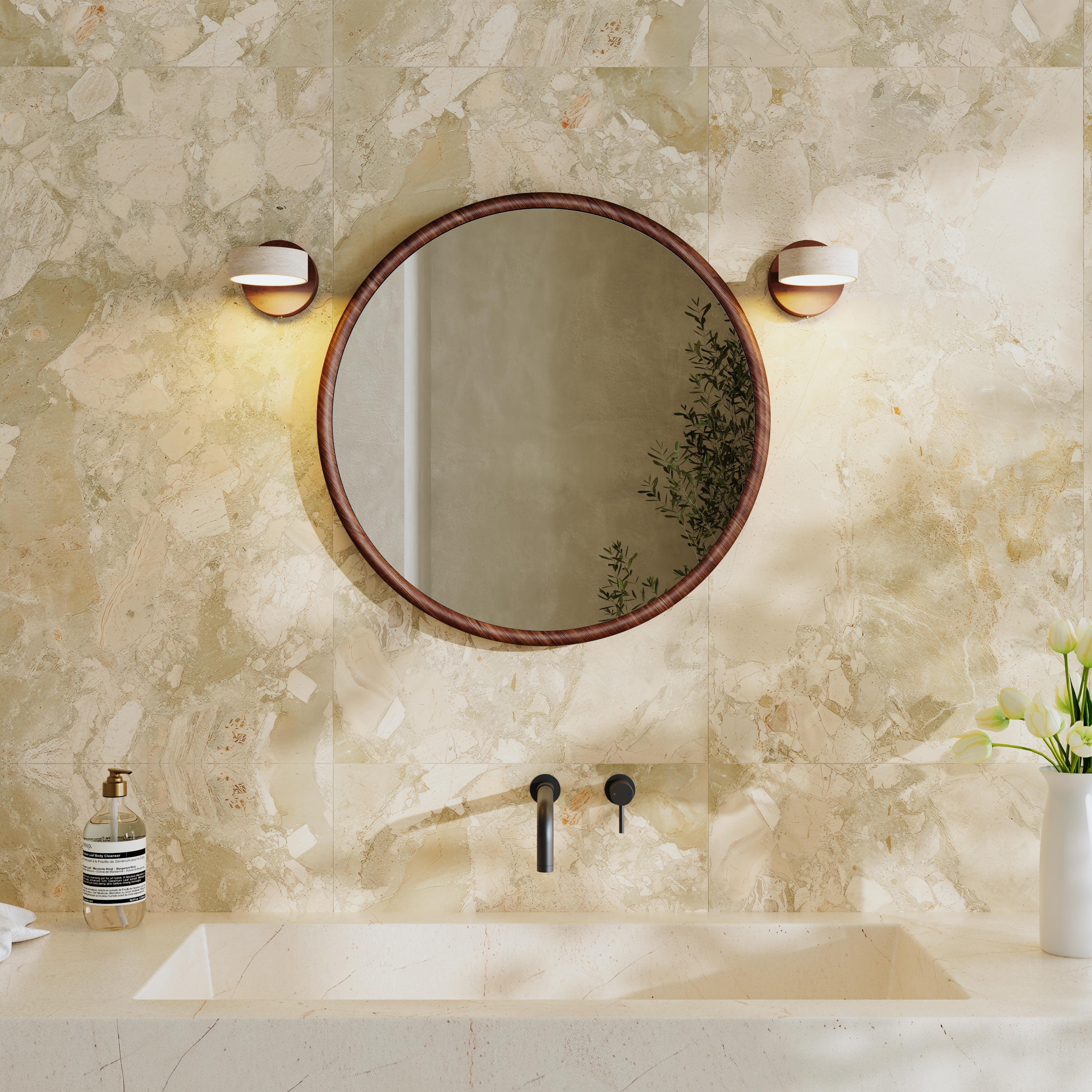 Alfie Wood Framed Mirror with Set Of 2 Stone Spot Lights in Dark Wood
