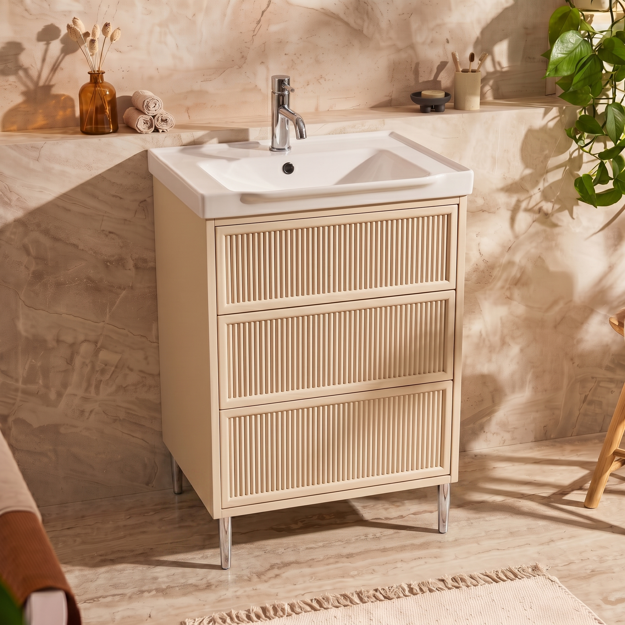 Elara 600mm Floorstanding Stone Fluted Vanity Unit & Basin with Leg Set