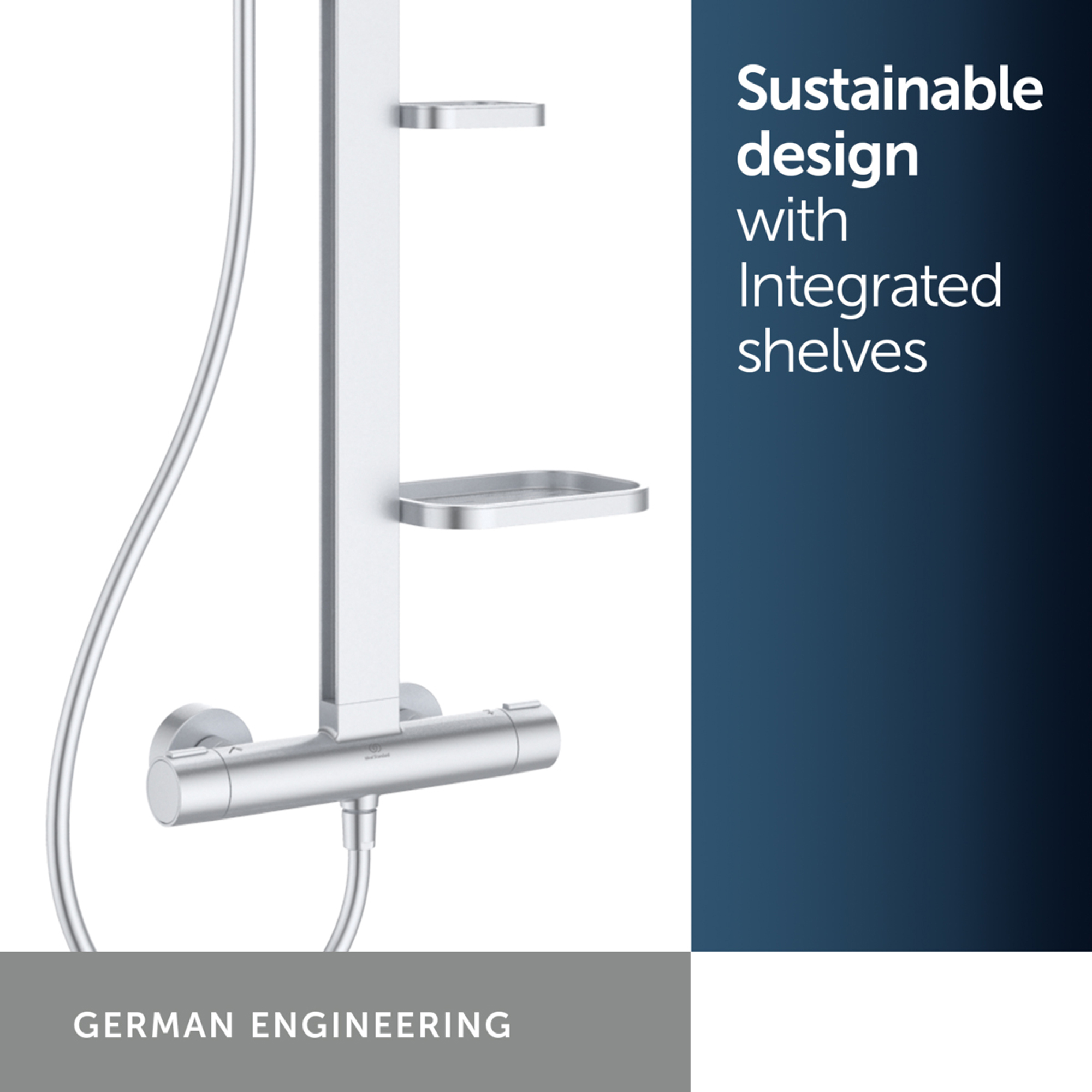 Ideal Standard Ceratherm Alu+ Exposed Thermostatic Shower Kit with Multi-Function Shower Head, Handset & 2 Shelves