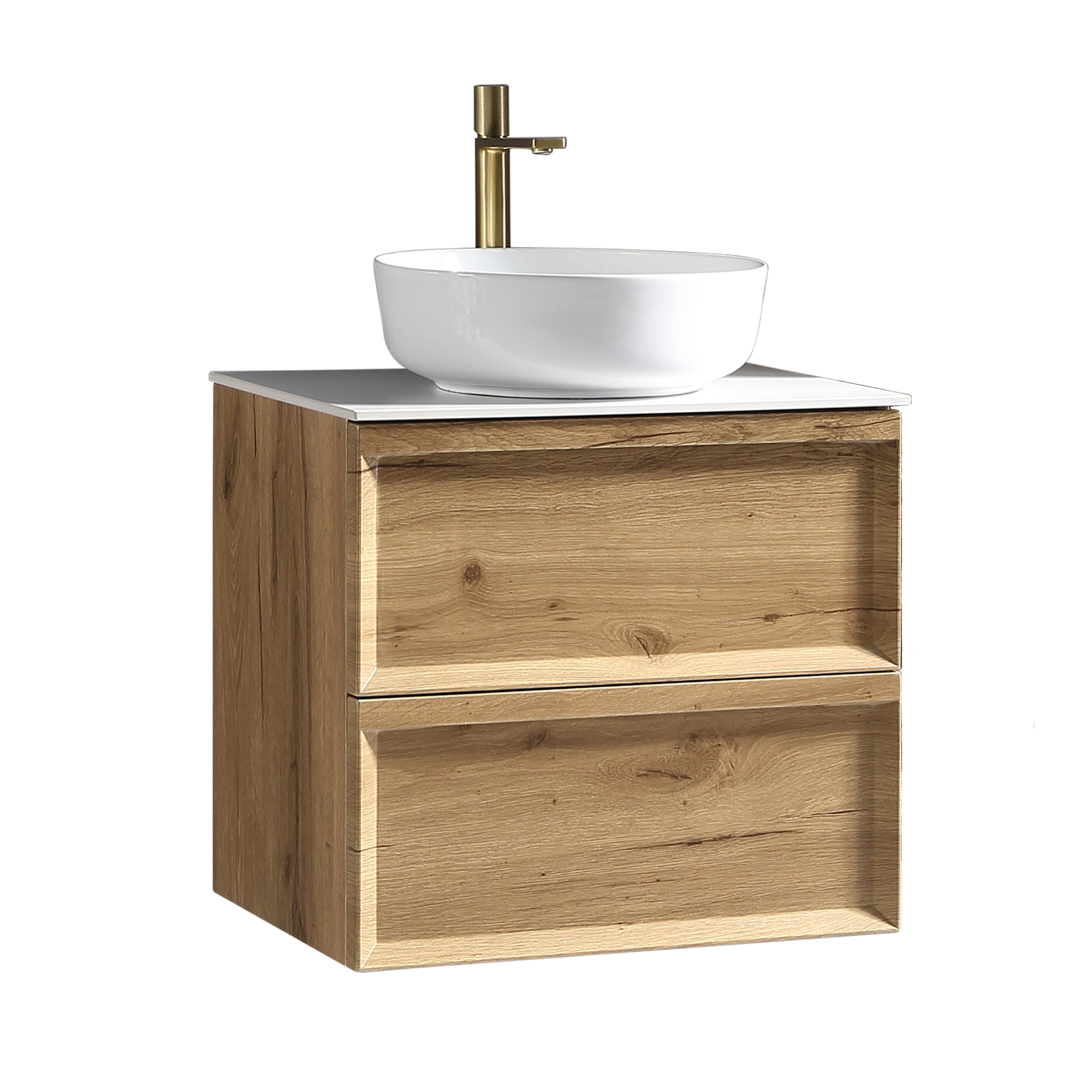 Aura 600mm Wall Mounted Natural Oak Vanity Unit & Sintered Stone Countertop