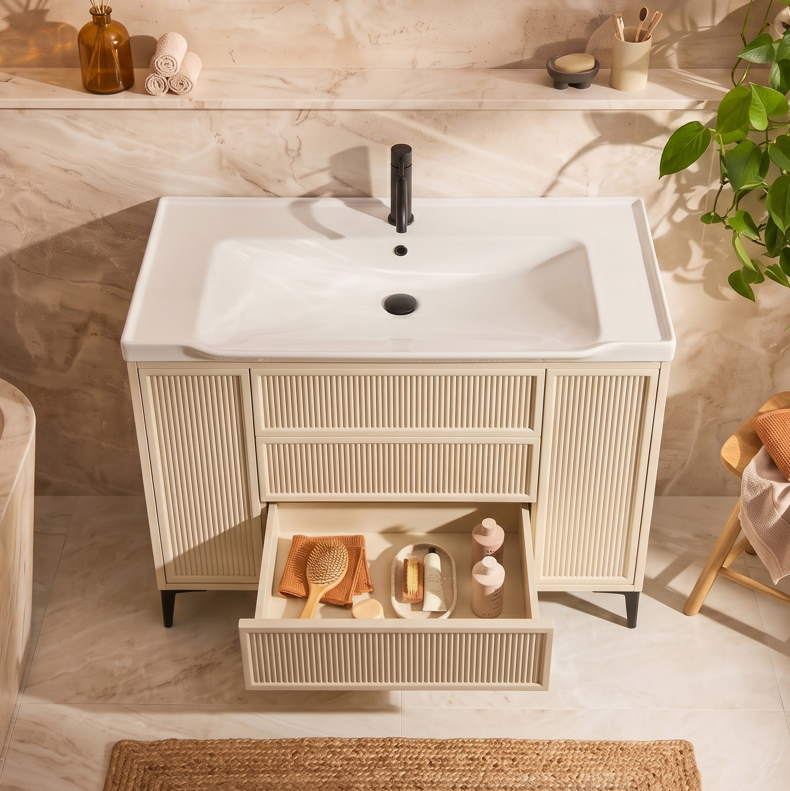 Elara 1000mm Floorstanding Stone Fluted Vanity Unit & Basin with Leg Set