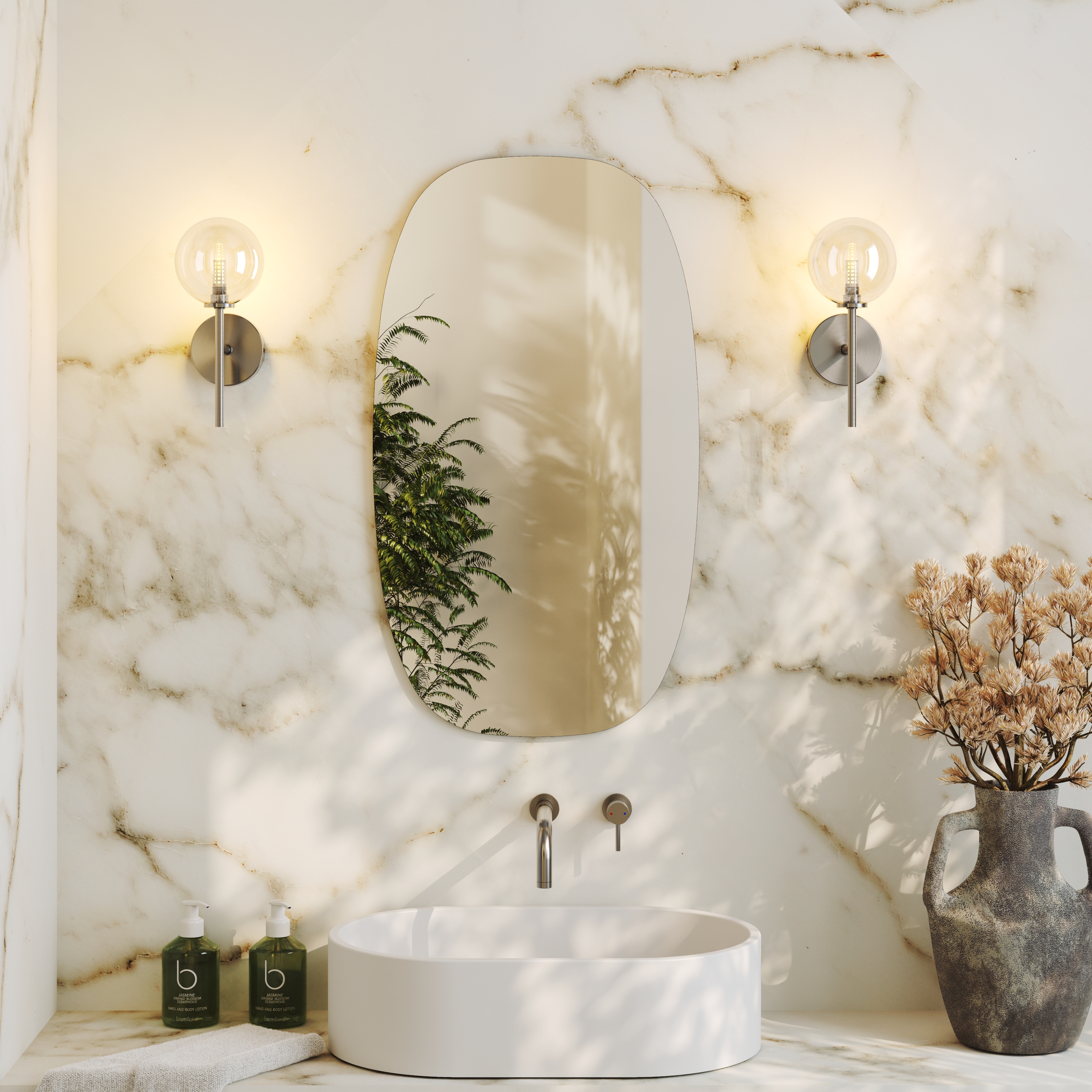 Arc Barrel Mirror with Set Of 2 Glass Globe Wall Lights