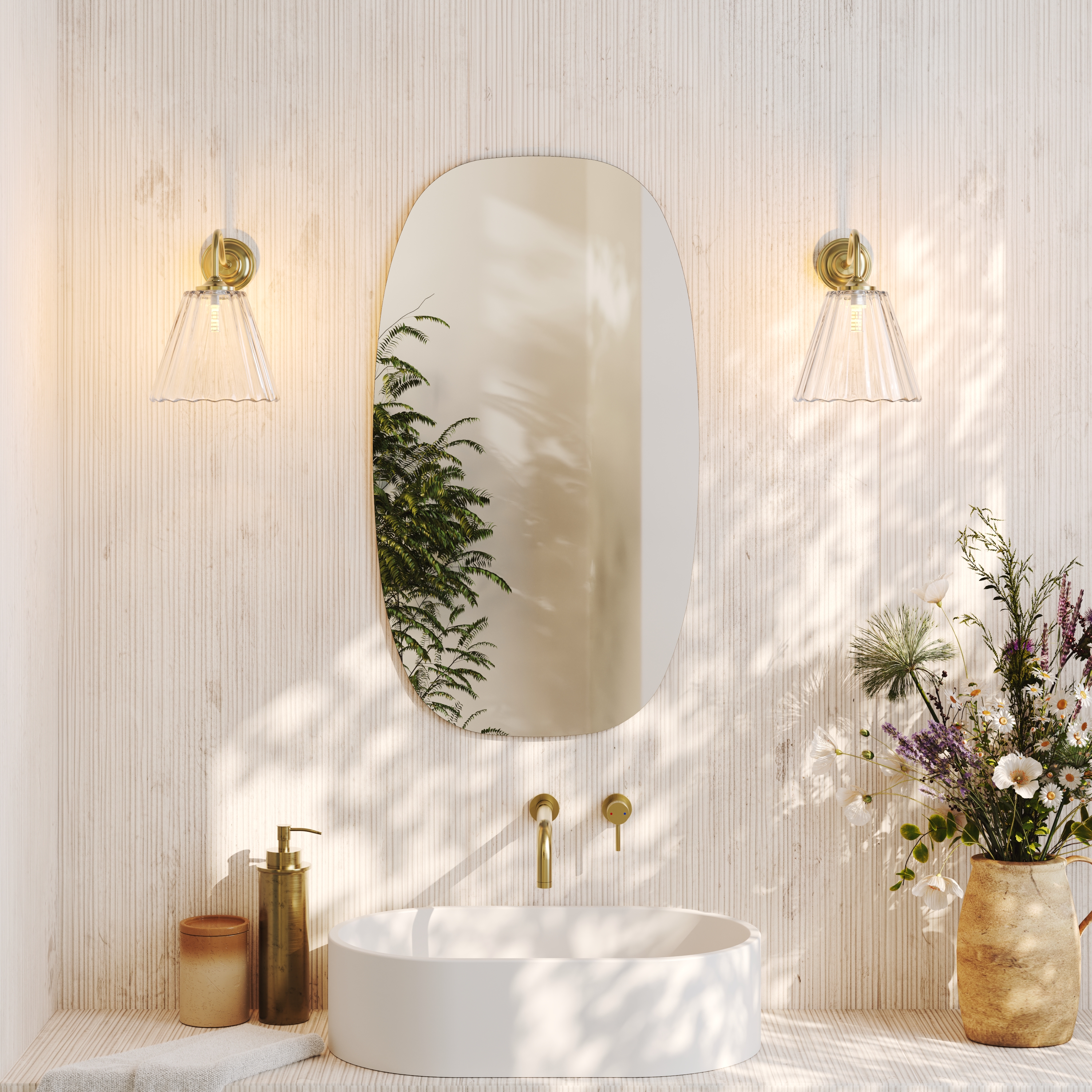 Arc Barrel Mirror with Set Of 2 Fluted Glass Wall Shade Lights