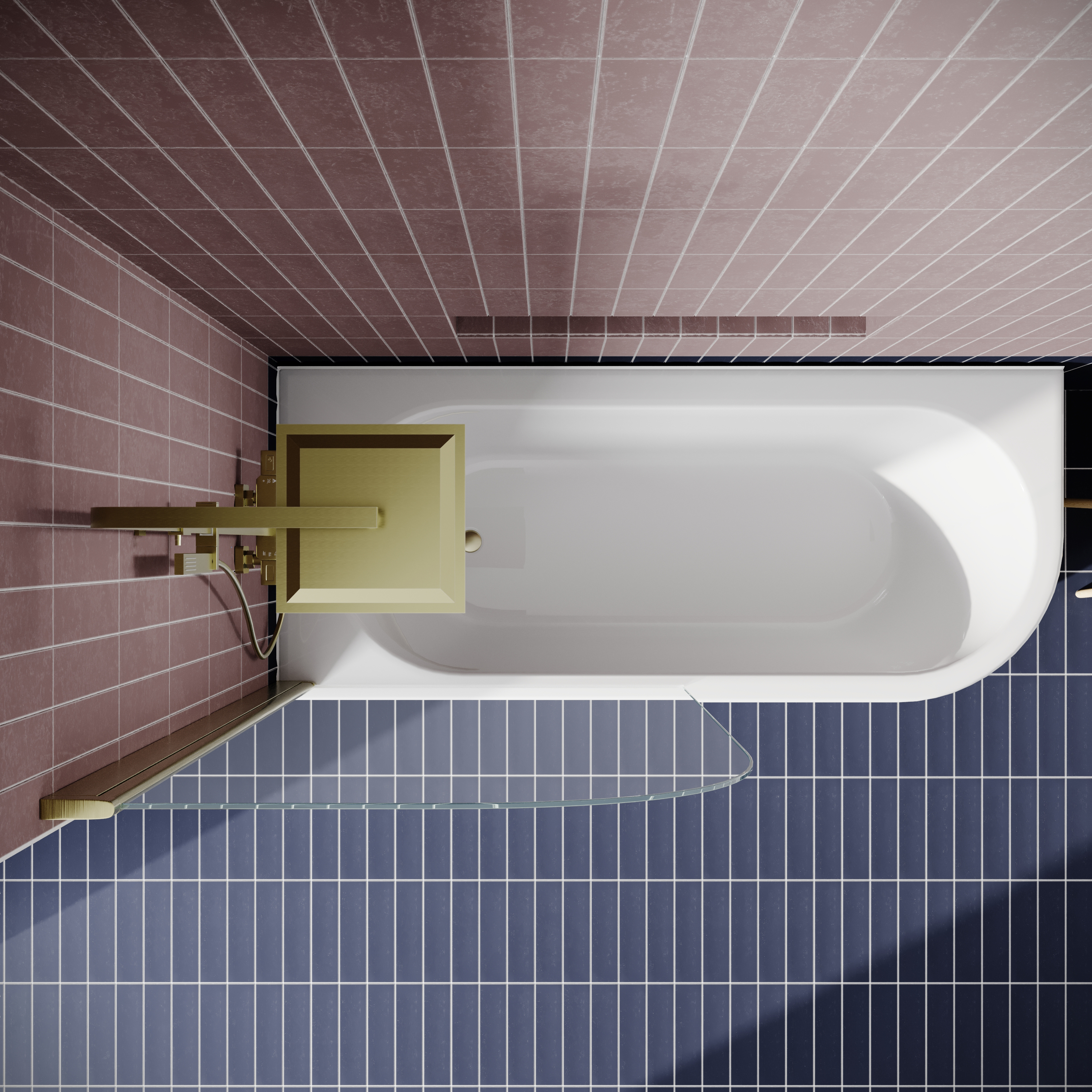 Drench J Shaped Shower Bath with Panel & Brushed Brass Shower Screen - 1700mm