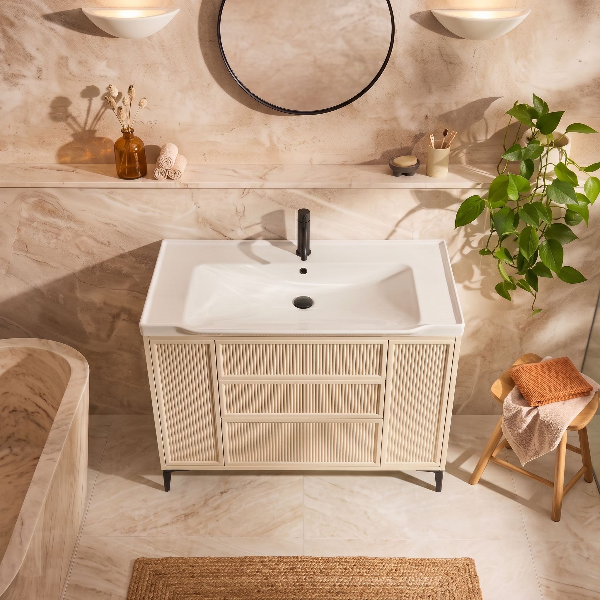 Elara 1000mm Floorstanding Stone Fluted Vanity Unit & Basin with Leg Set