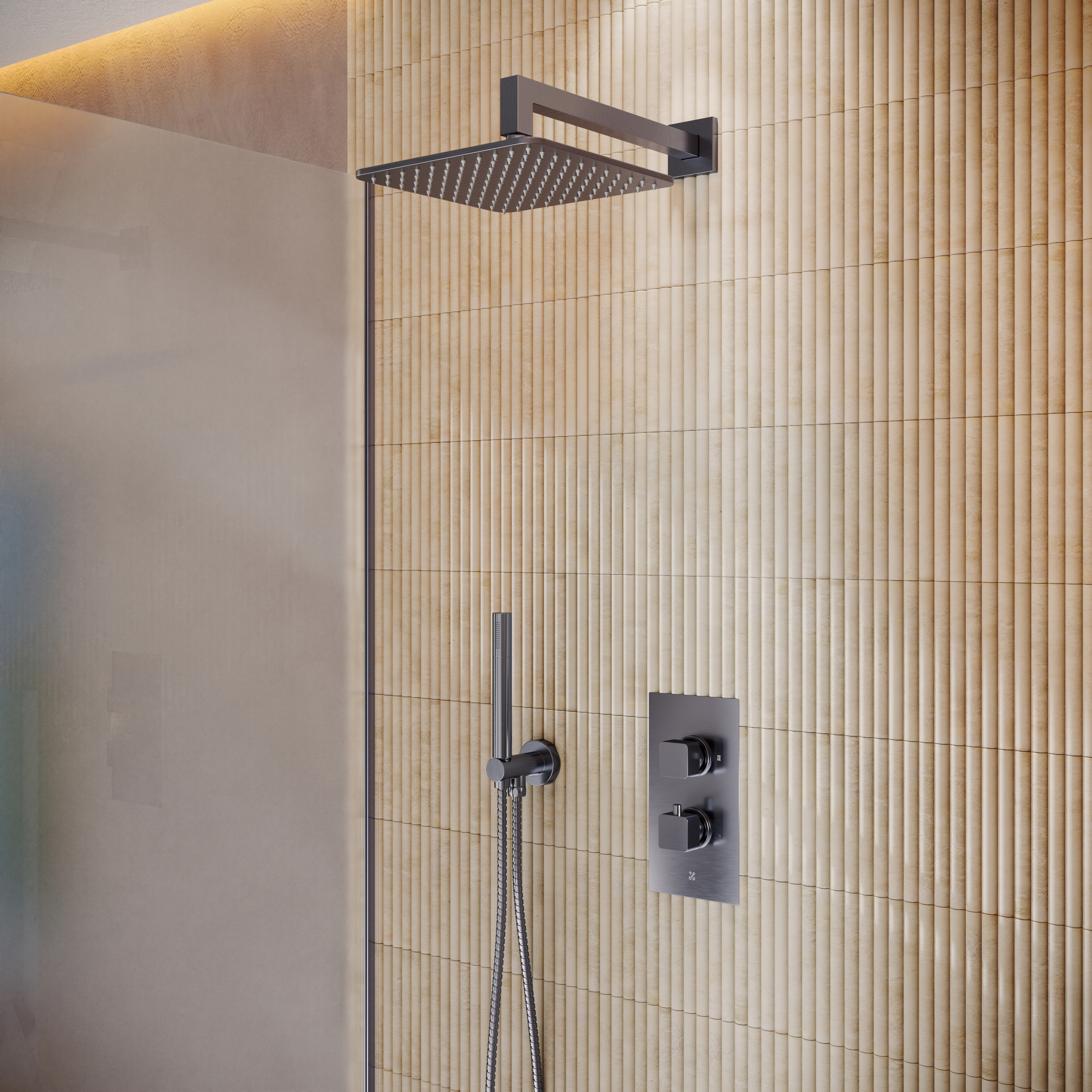 Core Portrait Shower Package with 2 Outlet Valve, Fixed Wall Mounted Square Shower Head & Shower Wall Kit