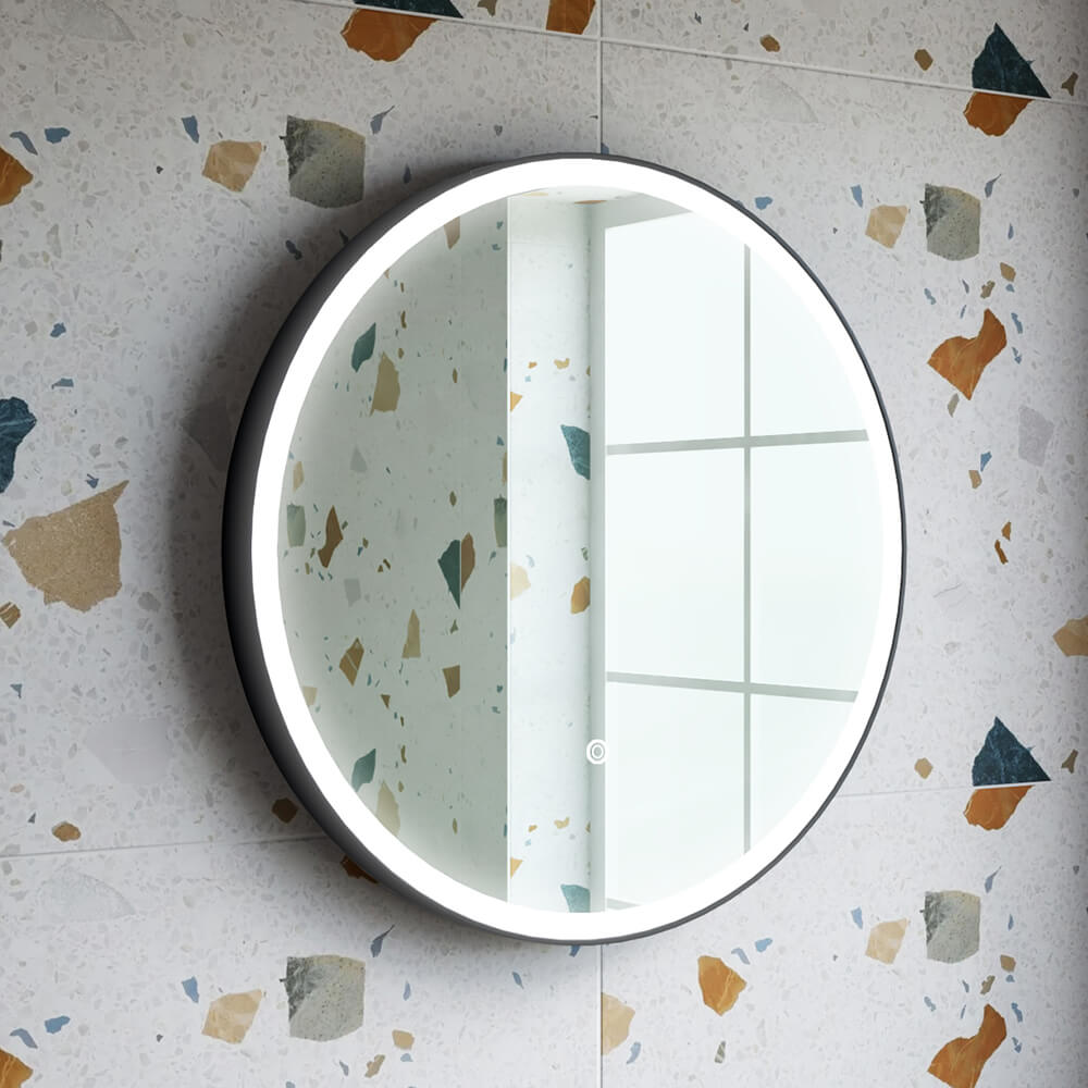 Drench Noir LED Illuminated Round Black Framed Mirror with Demister Pad & Colour Change LEDs - 600mm