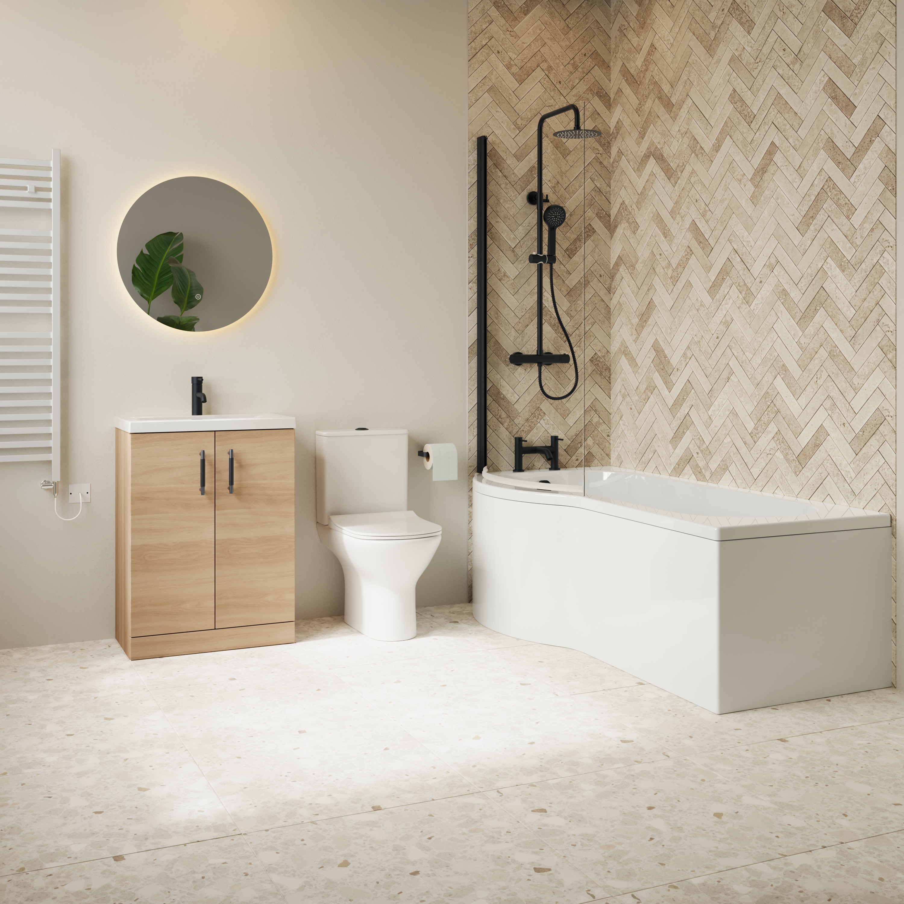 Erin Complete Matt Black Bathroom Suite with 1700mm P Shaped Shower Bath & Rimless Toilet
