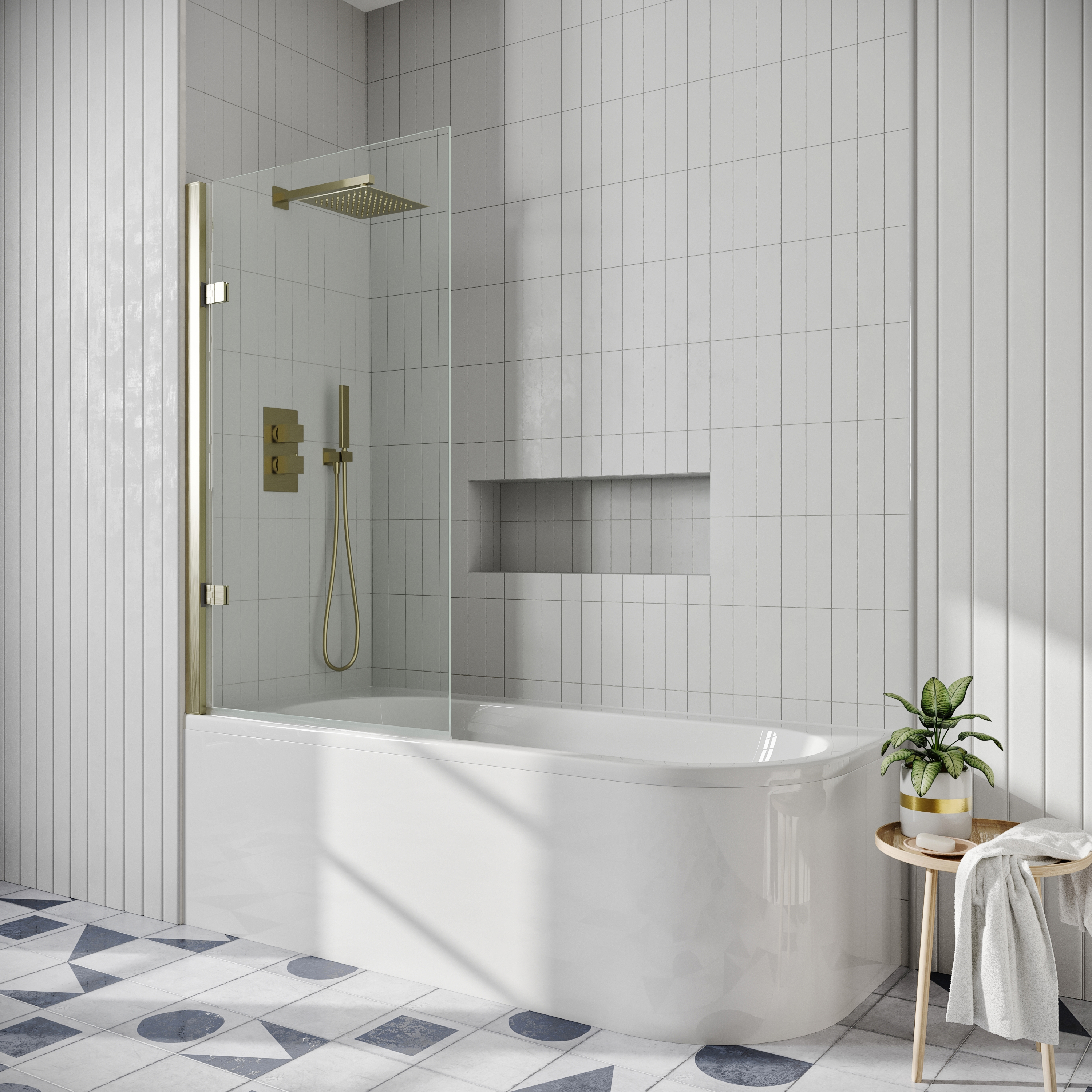 Drench J Shaped Shower Bath with Panel & Shower Screen - 1700mm
