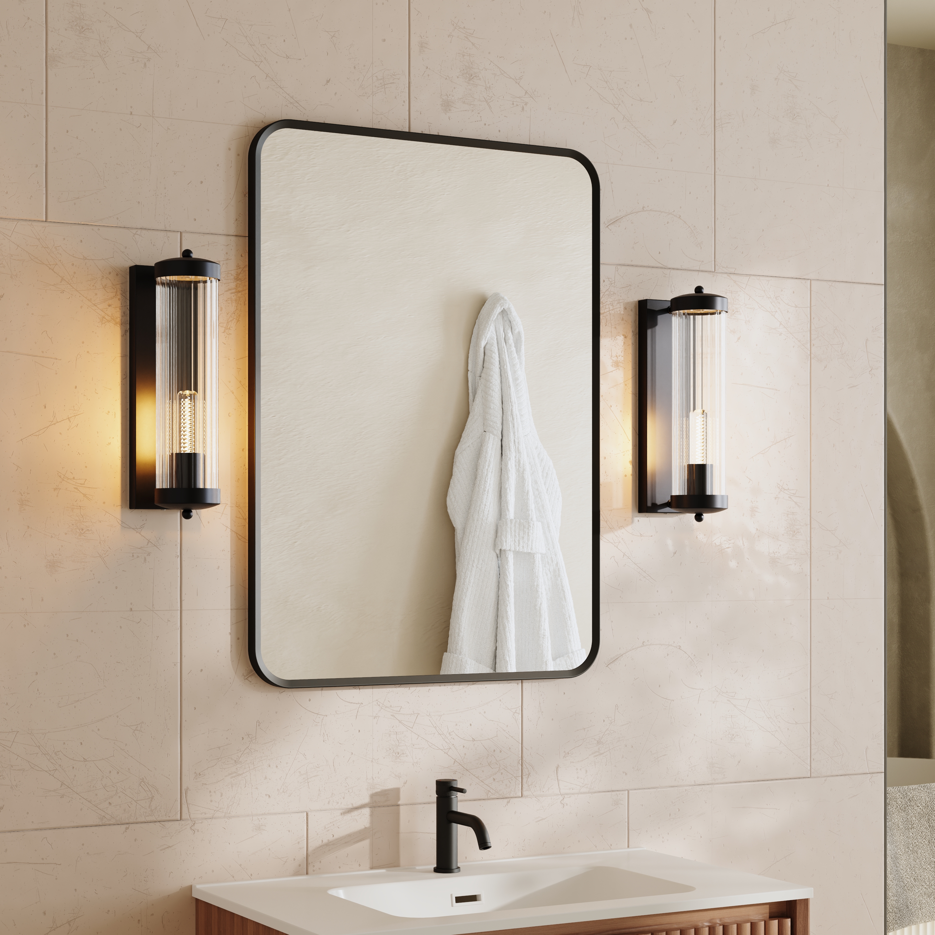 Finn Matt Black Framed Mirror with Set Of 2 Fluted Lantern Wall Lights
